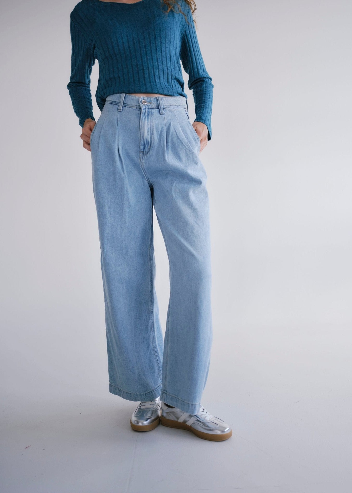 View our Zoe Palazzo Jeans with front Pleats in Blue - by Tribute Store