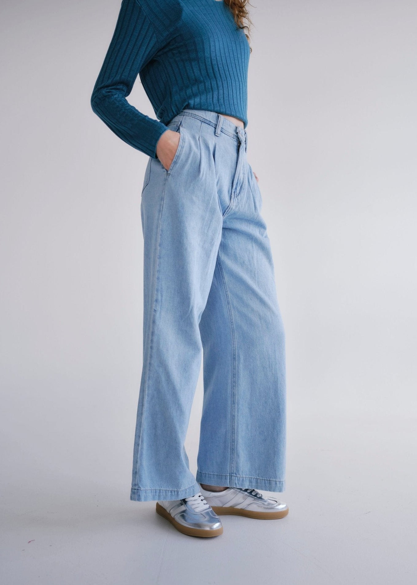 View our Zoe Palazzo Jeans with front Pleats in Blue - by Tribute Store