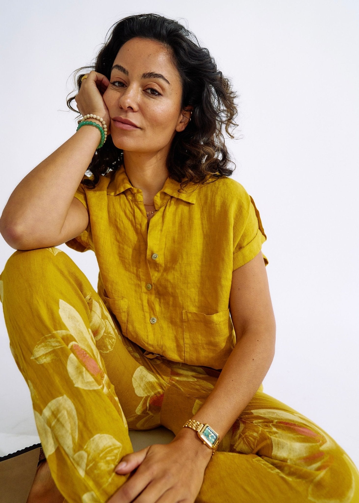 View our Pure Linen Italian Floral Printed Joggers Deep Yellow - The ultimate BOTTOMS created by TRIBUTE and sold here, at Tribute Store