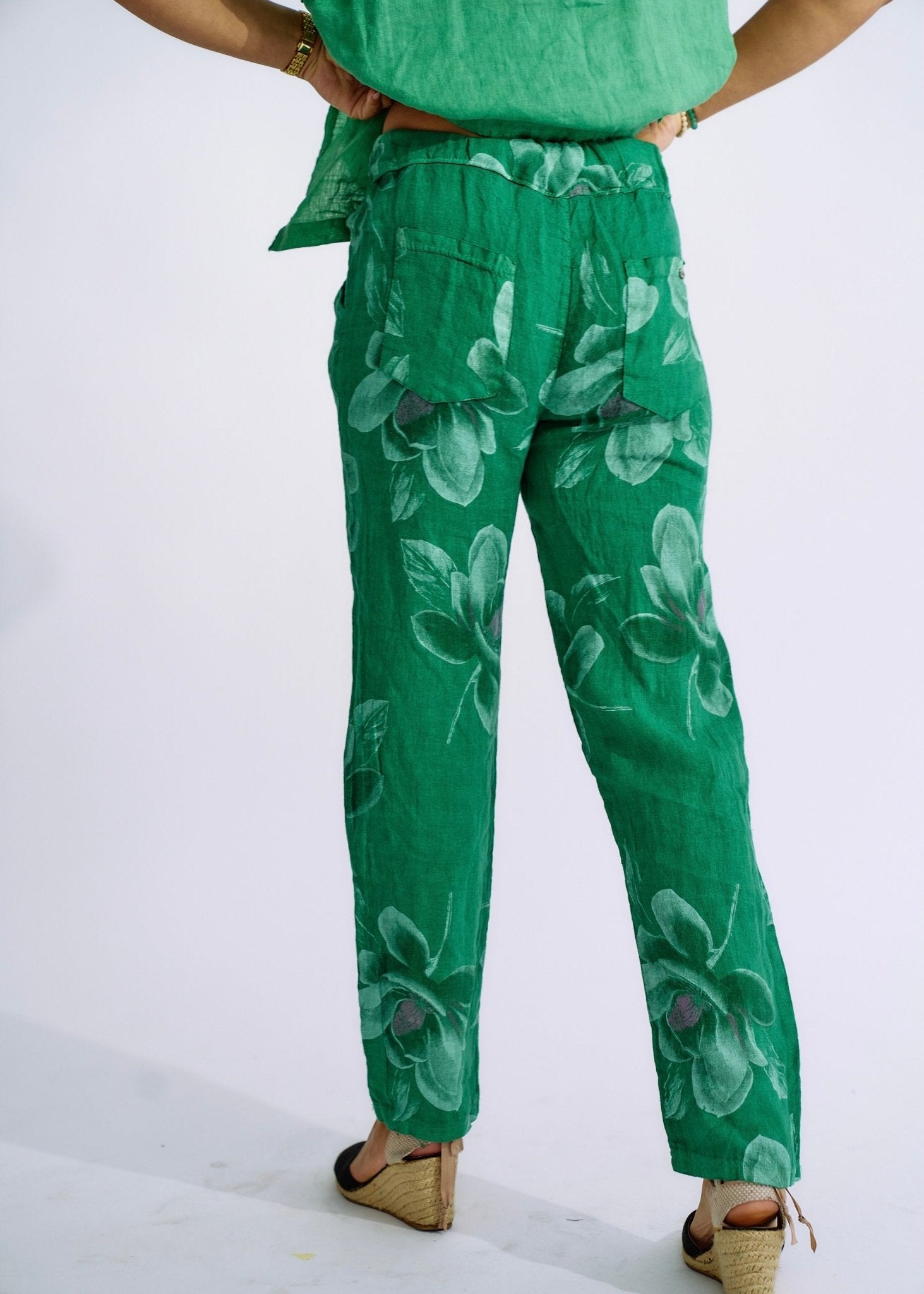 View our Pure Linen Italian Floral Printed Joggers in Forest Green - The ultimate BOTTOMS created by TRIBUTE and sold here, at Tribute Store
