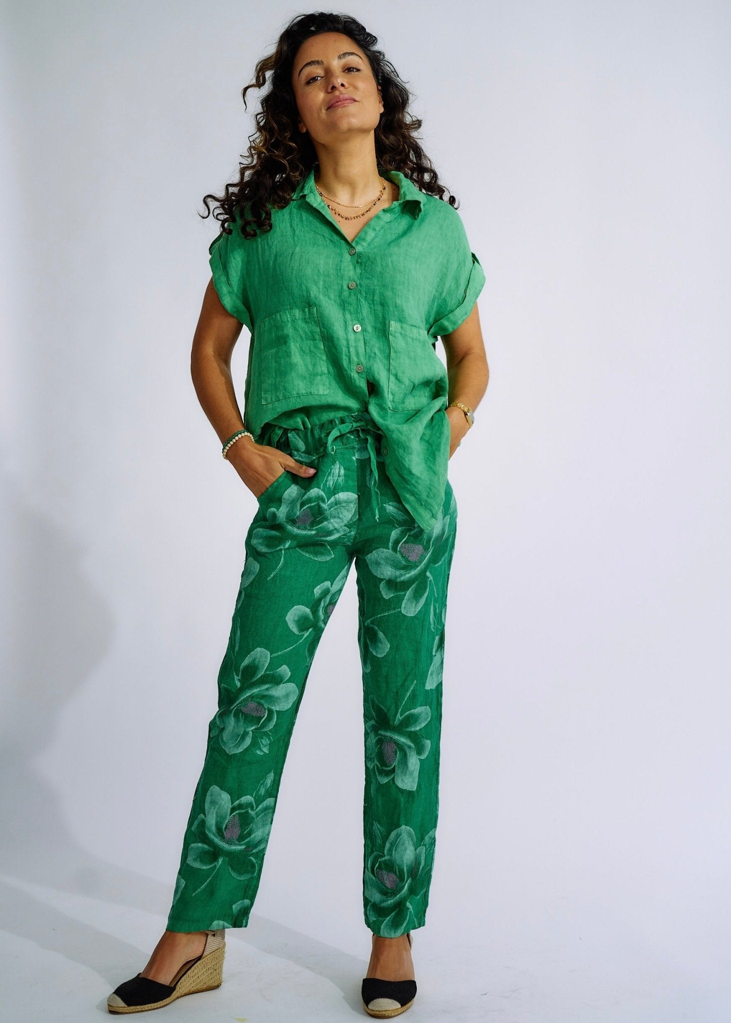 View our Pure Linen Italian Floral Printed Joggers in Forest Green - The ultimate BOTTOMS created by TRIBUTE and sold here, at Tribute Store