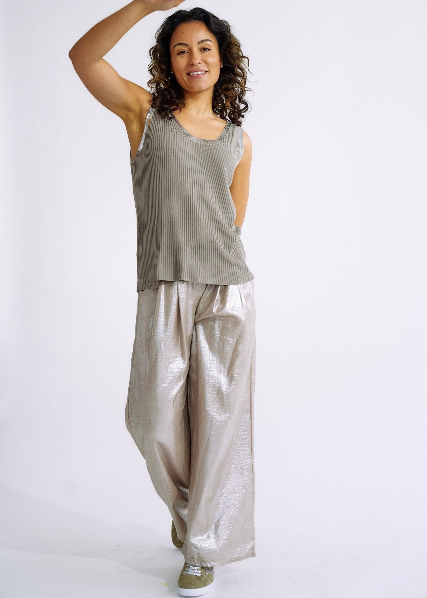 View our Pure Linen Italian Wide Leg Shimmer Pants in Champagne - The ultimate BOTTOMS created by TRIBUTE and sold here, at Tribute Store