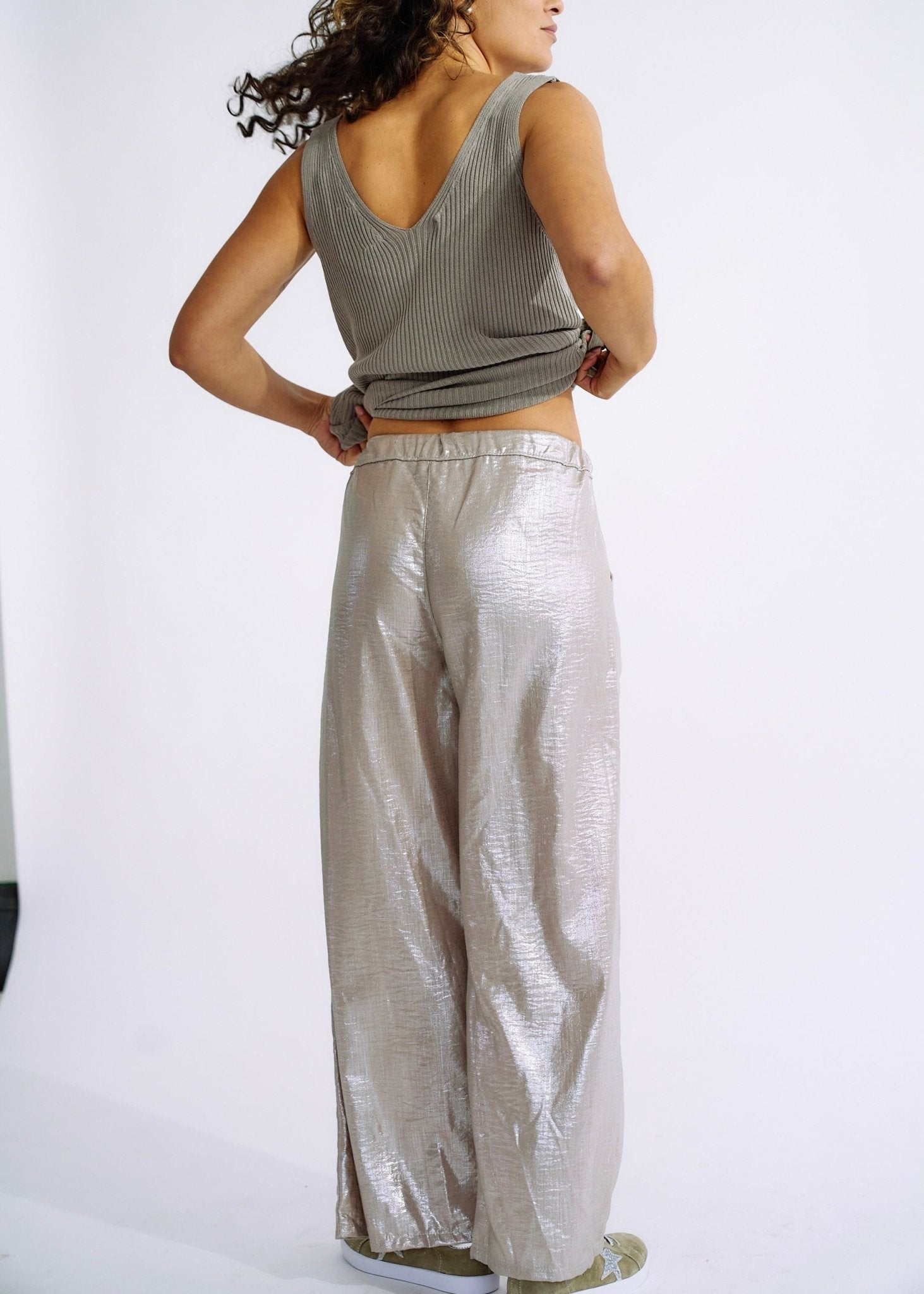View our Pure Linen Italian Wide Leg Shimmer Pants in Champagne - The ultimate BOTTOMS created by TRIBUTE and sold here, at Tribute Store