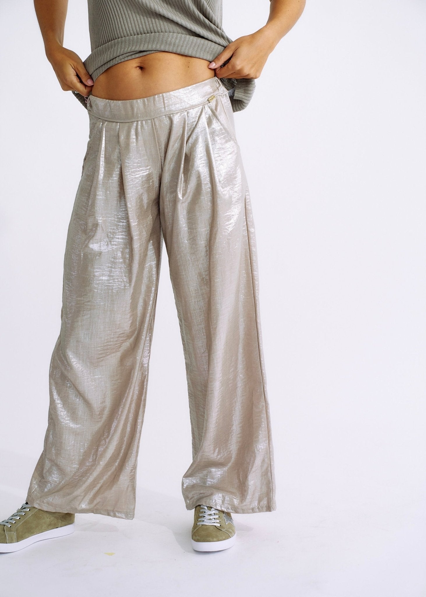 View our Pure Linen Italian Wide Leg Shimmer Pants in Champagne - The ultimate BOTTOMS created by TRIBUTE and sold here, at Tribute Store
