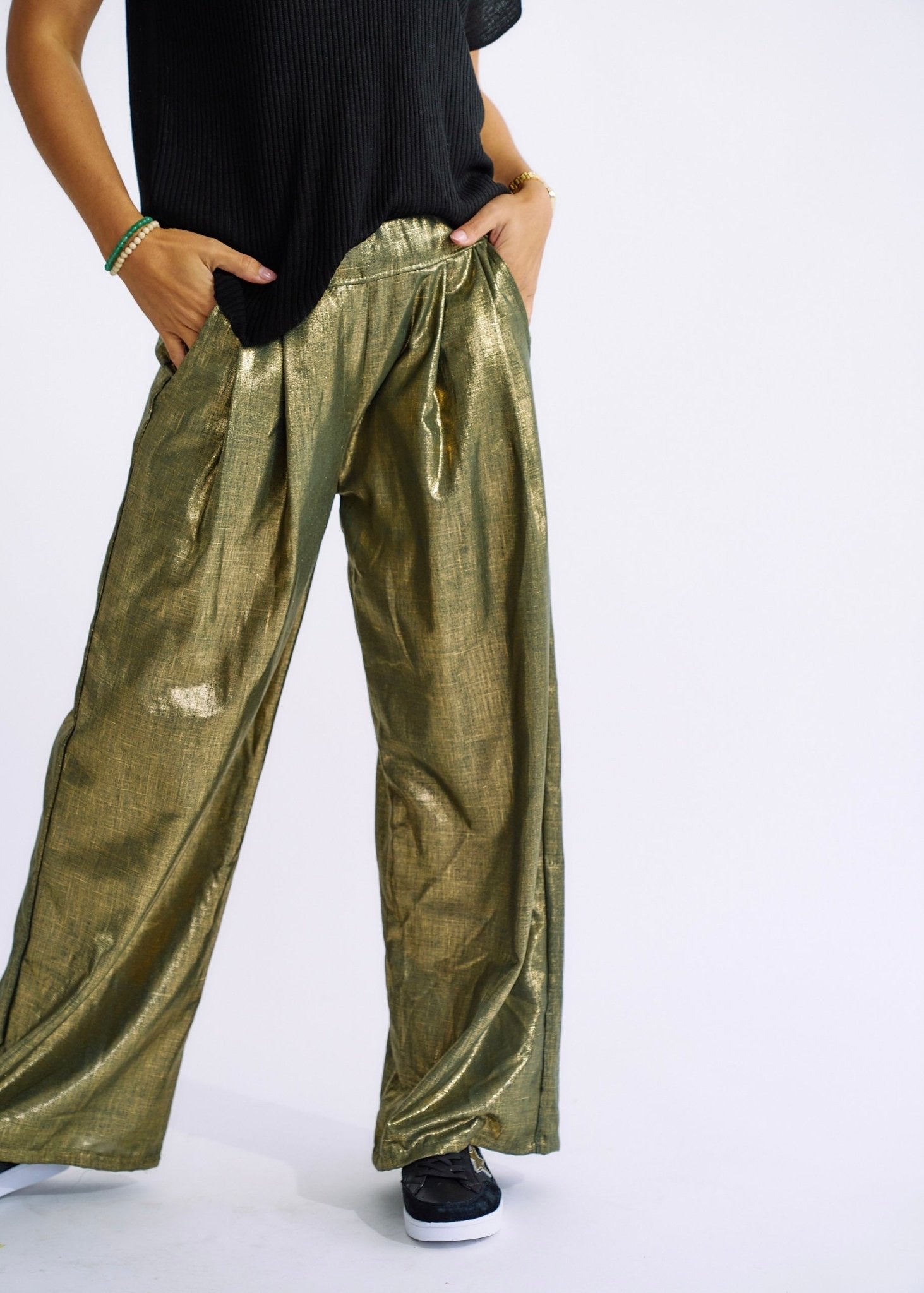 View our Pure Linen Italian Wide Leg Shimmer Pants in Khaki - The ultimate BOTTOMS created by TRIBUTE and sold here, at Tribute Store
