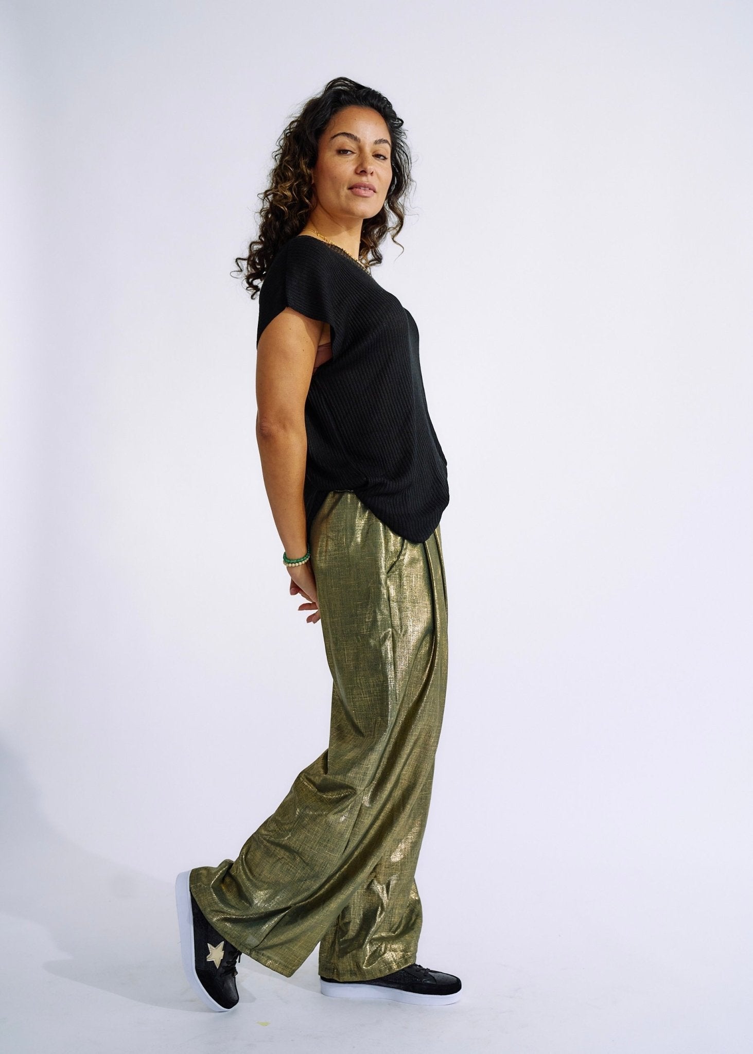 View our Pure Linen Italian Wide Leg Shimmer Pants in Khaki - The ultimate BOTTOMS created by TRIBUTE and sold here, at Tribute Store