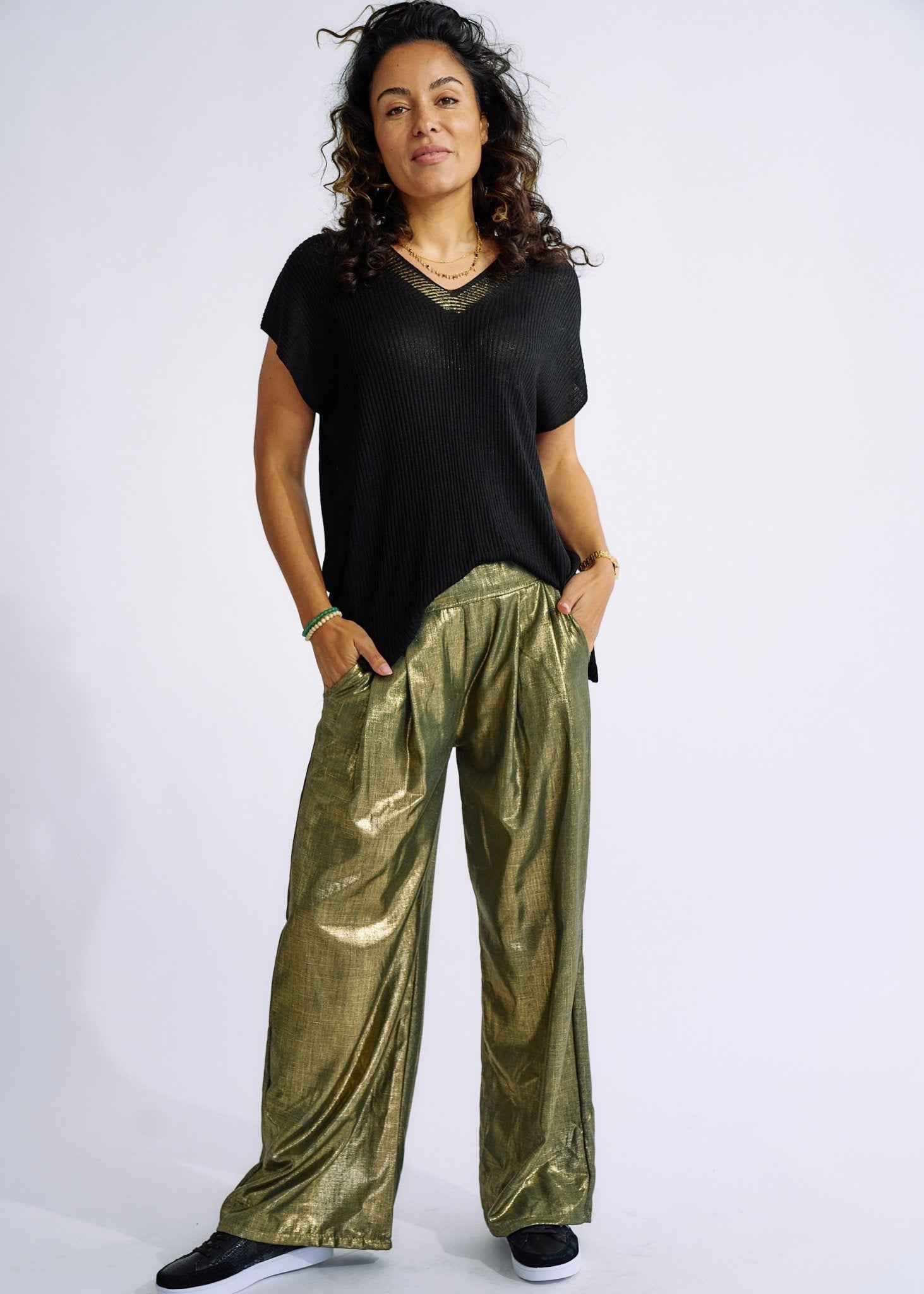 View our Pure Linen Italian Wide Leg Shimmer Pants in Khaki - The ultimate BOTTOMS created by TRIBUTE and sold here, at Tribute Store