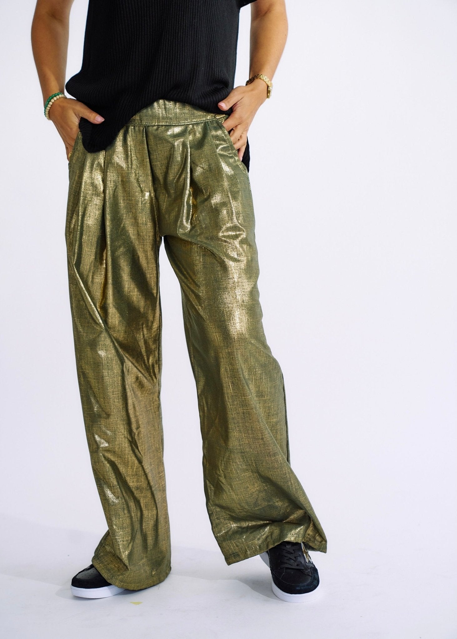 View our Pure Linen Italian Wide Leg Shimmer Pants in Khaki - The ultimate BOTTOMS created by TRIBUTE and sold here, at Tribute Store
