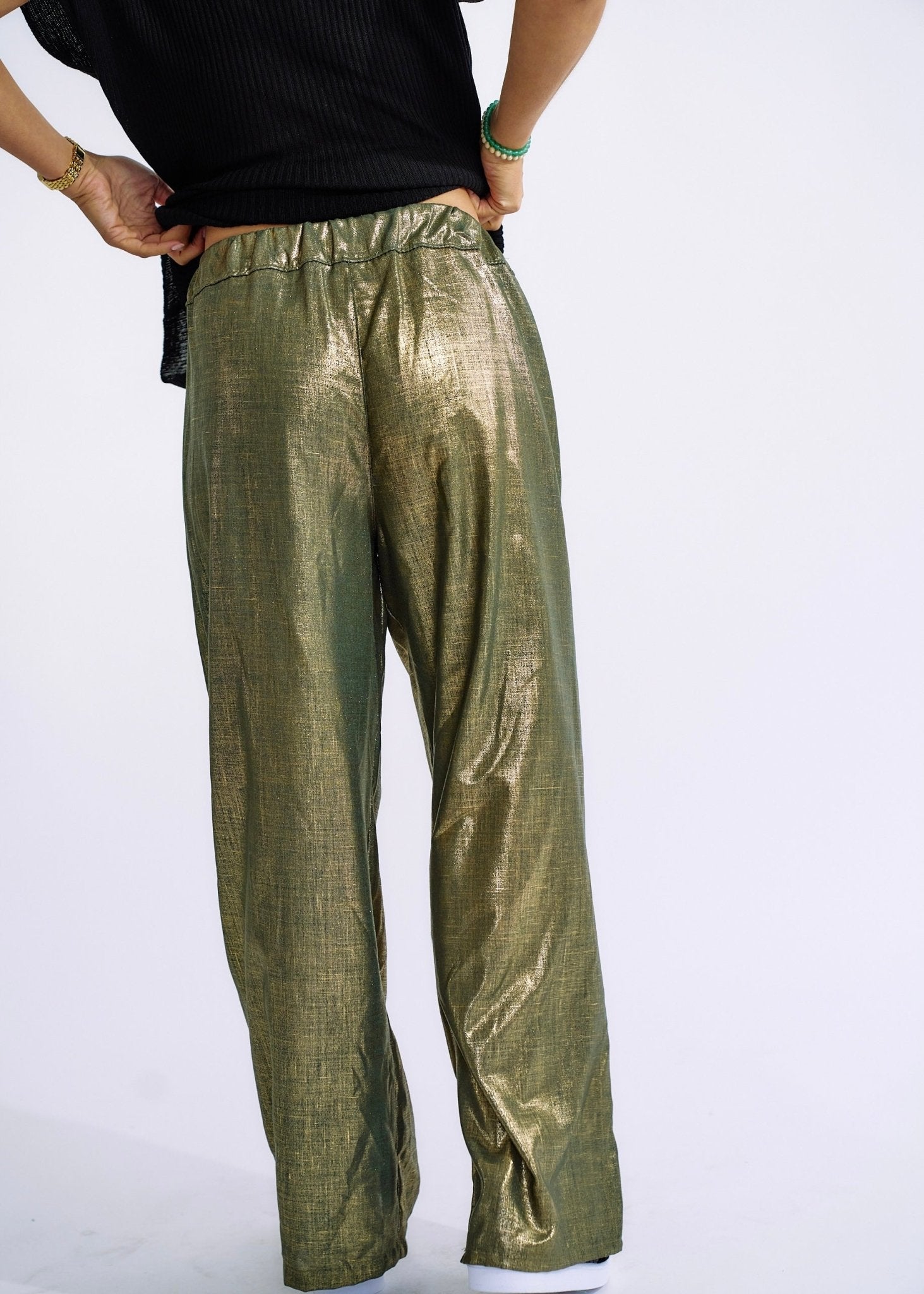 View our Pure Linen Italian Wide Leg Shimmer Pants in Khaki - The ultimate BOTTOMS created by TRIBUTE and sold here, at Tribute Store