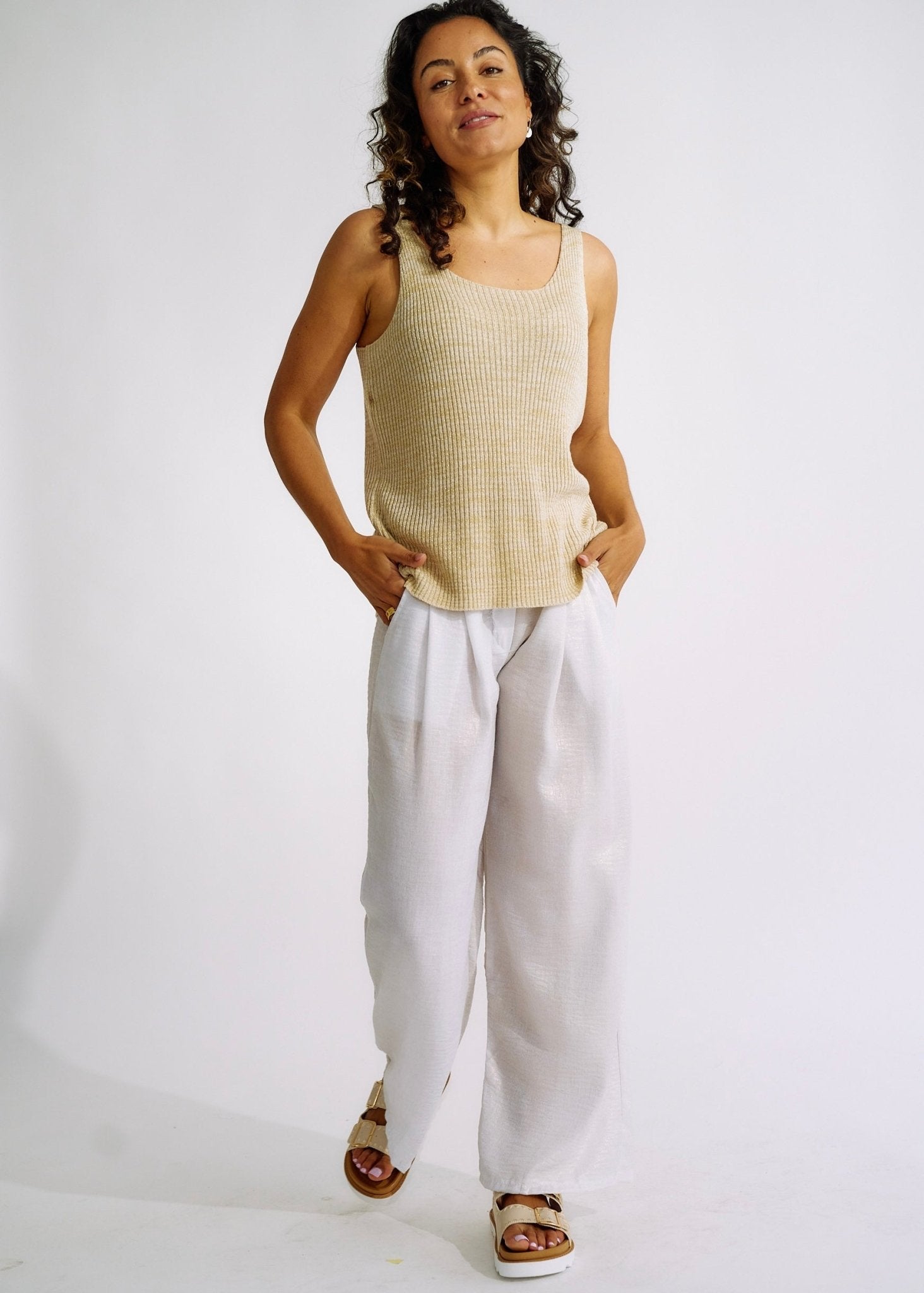 View our Pure Linen Italian Wide Leg Shimmer Pants in White - The ultimate BOTTOMS created by TRIBUTE and sold here, at Tribute Store