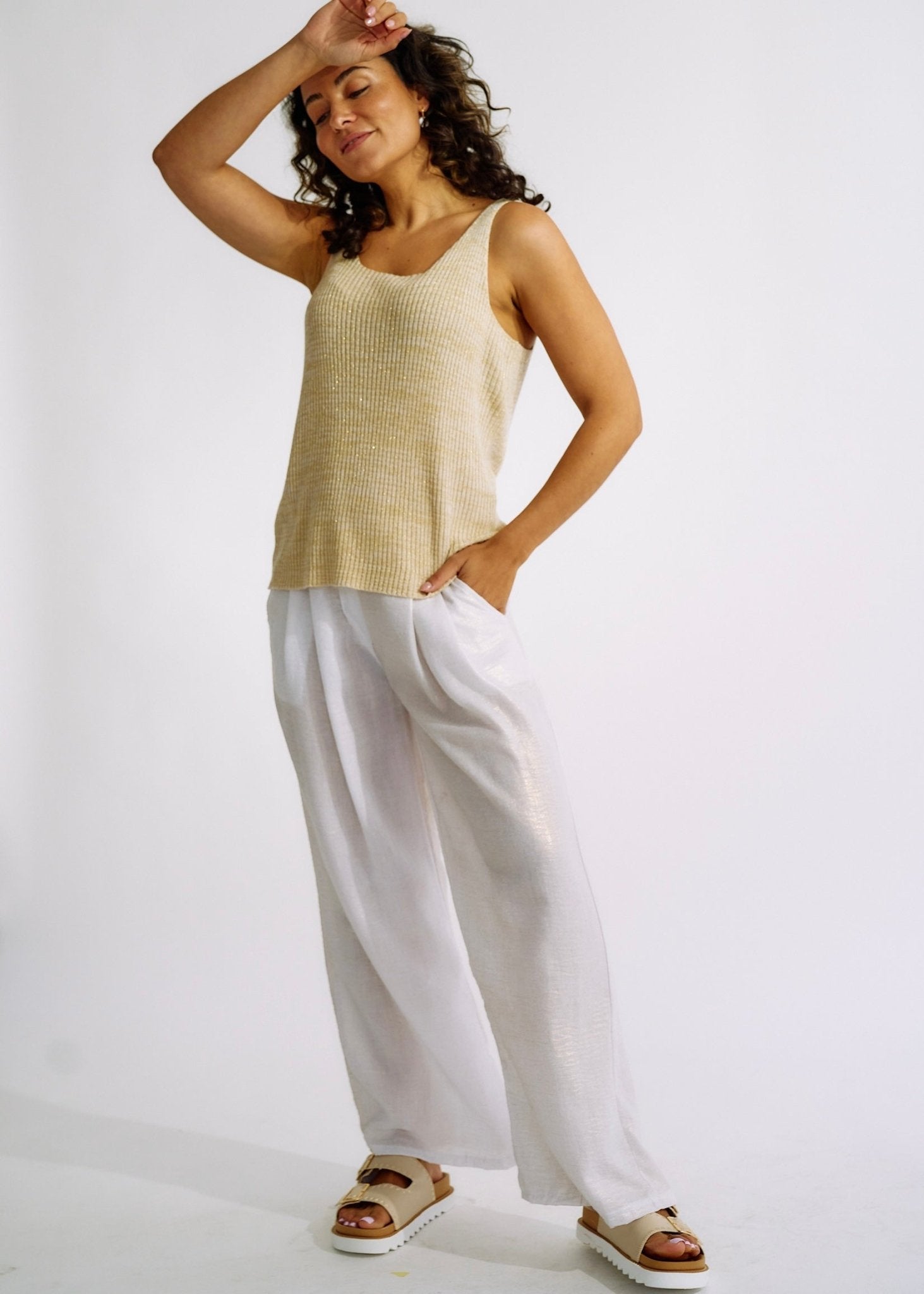 View our Pure Linen Italian Wide Leg Shimmer Pants in White - The ultimate BOTTOMS created by TRIBUTE and sold here, at Tribute Store