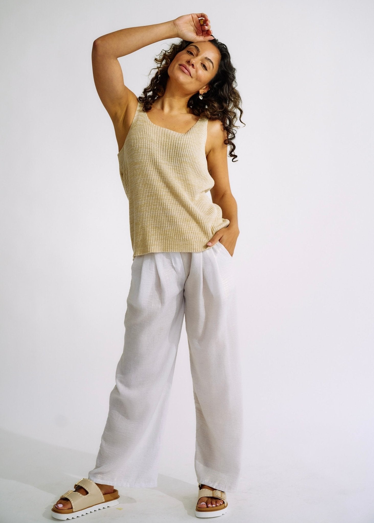 View our Pure Linen Italian Wide Leg Shimmer Pants in White - The ultimate BOTTOMS created by TRIBUTE and sold here, at Tribute Store
