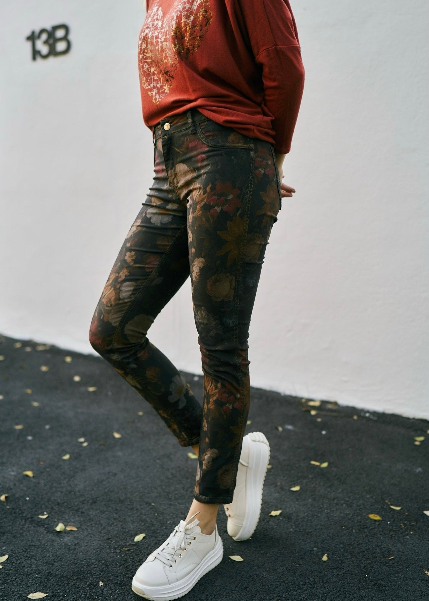 View our Reversible Jeans With Floral Print In Taupe - The ultimate BOTTOMS created by TRIBUTE and sold here, at Tribute Store