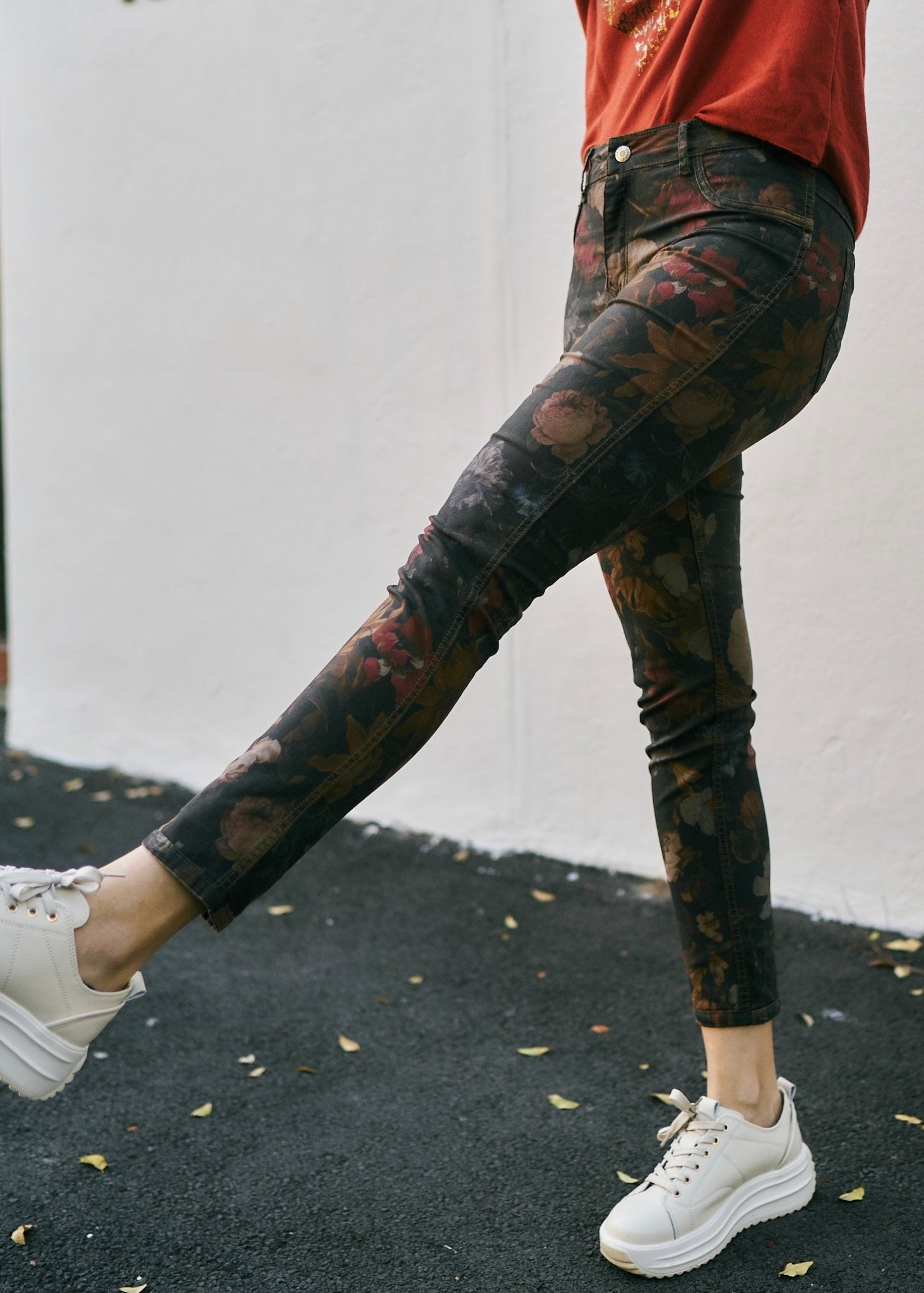 View our Reversible Jeans With Floral Print In Taupe - The ultimate BOTTOMS created by TRIBUTE and sold here, at Tribute Store