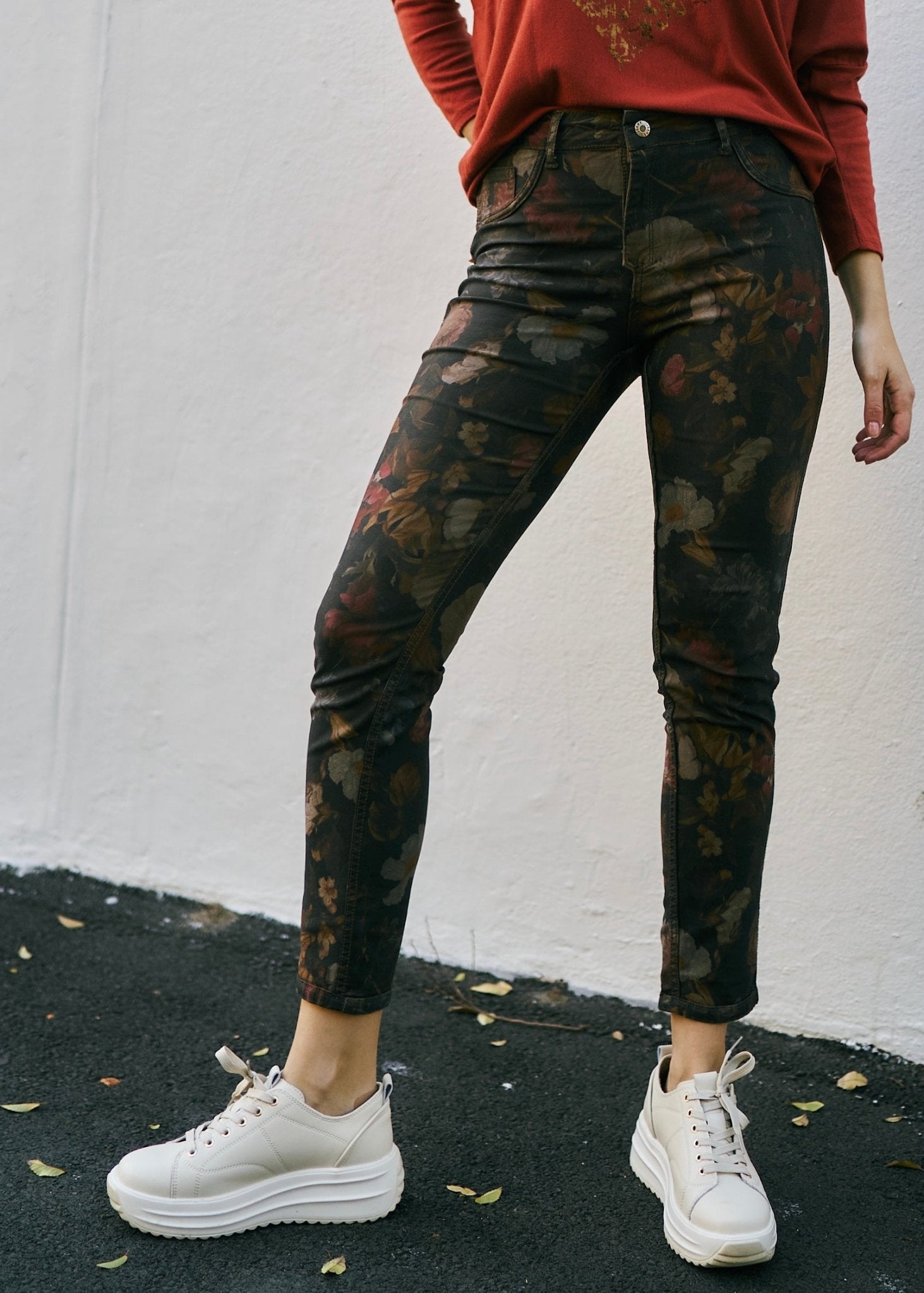 View our Reversible Jeans With Floral Print In Taupe - The ultimate BOTTOMS created by TRIBUTE and sold here, at Tribute Store