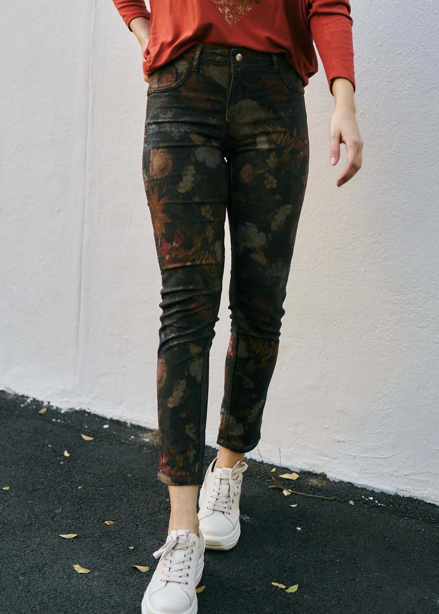 View our Reversible Jeans With Floral Print In Taupe - The ultimate BOTTOMS created by TRIBUTE and sold here, at Tribute Store
