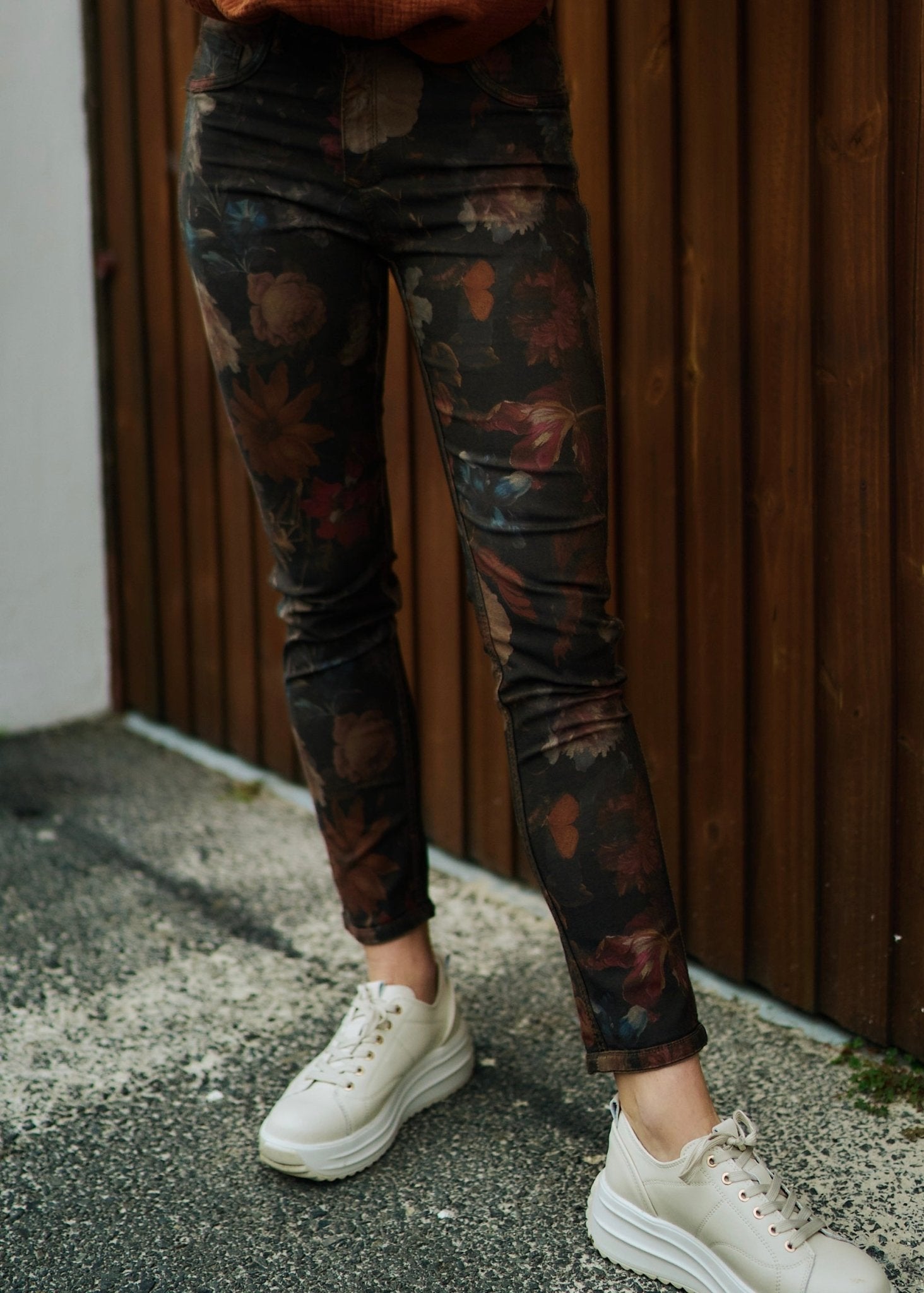 View our Reversible Jeans With Floral Print In Taupe - The ultimate BOTTOMS created by TRIBUTE and sold here, at Tribute Store