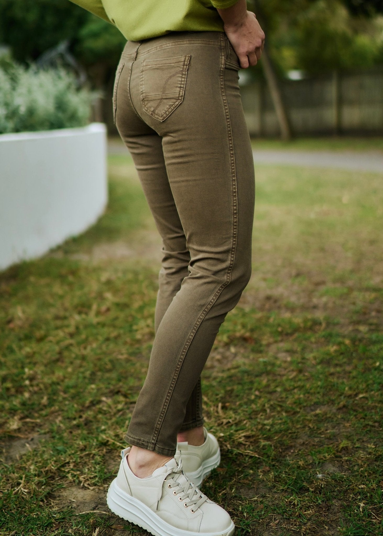 View our Reversible Jeans With Floral Print In Taupe - The ultimate BOTTOMS created by TRIBUTE and sold here, at Tribute Store