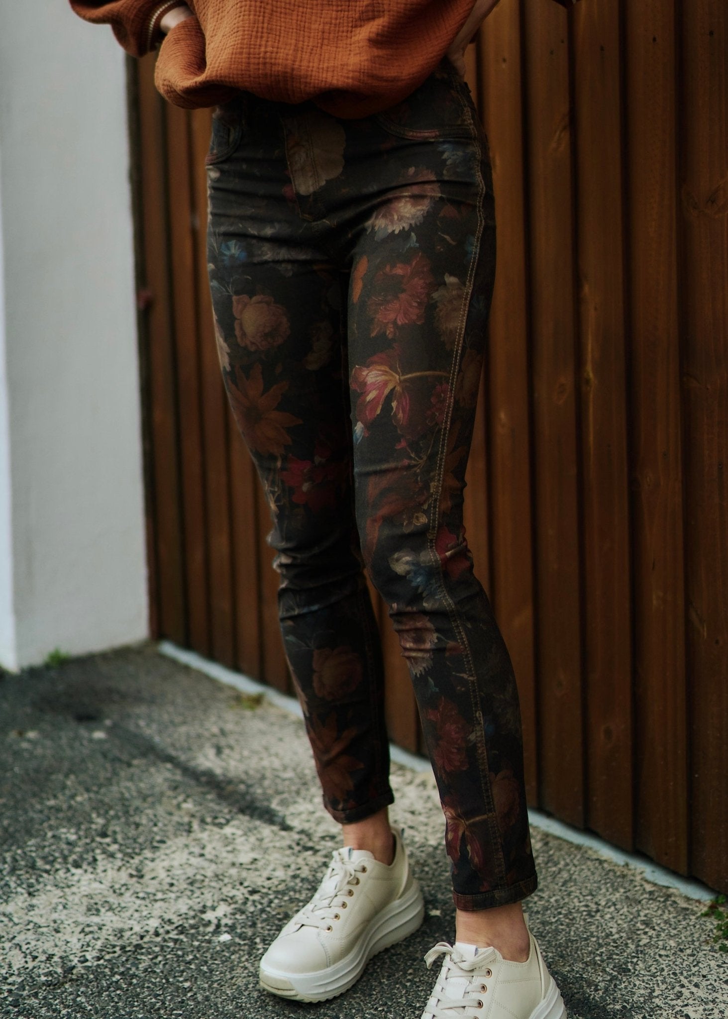 View our Reversible Jeans With Floral Print In Taupe - The ultimate BOTTOMS created by TRIBUTE and sold here, at Tribute Store