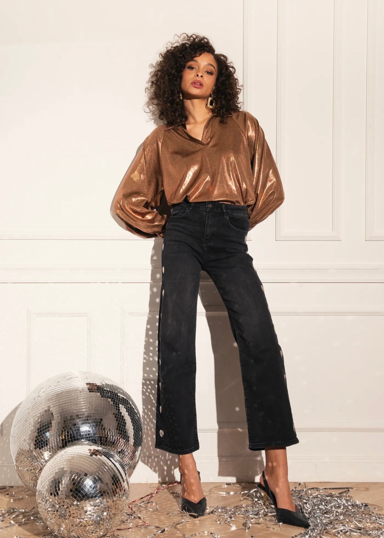 View our Wide Leg Cropped Jeans with Sparkling Hearts In Black - The ultimate BOTTOMS created by TRIBUTE and sold here, at Tribute Store