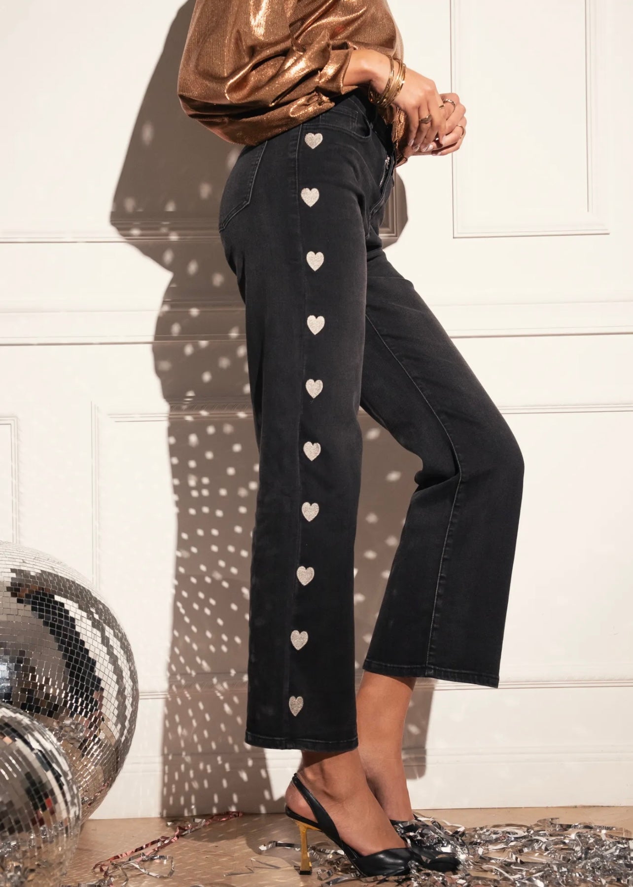 View our Wide Leg Cropped Jeans with Sparkling Hearts In Black - The ultimate BOTTOMS created by TRIBUTE and sold here, at Tribute Store