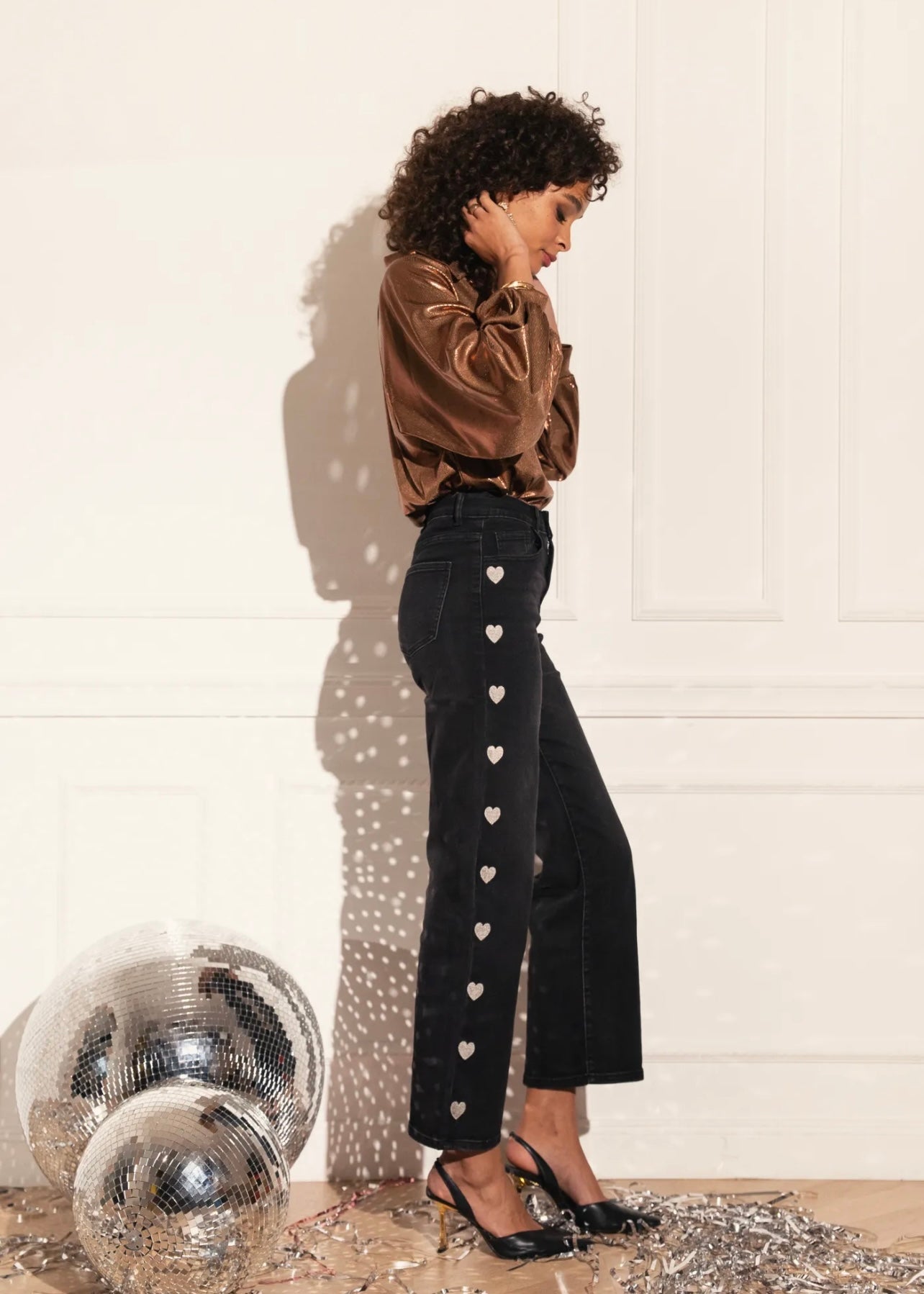 View our Wide Leg Cropped Jeans with Sparkling Hearts In Black - The ultimate BOTTOMS created by TRIBUTE and sold here, at Tribute Store