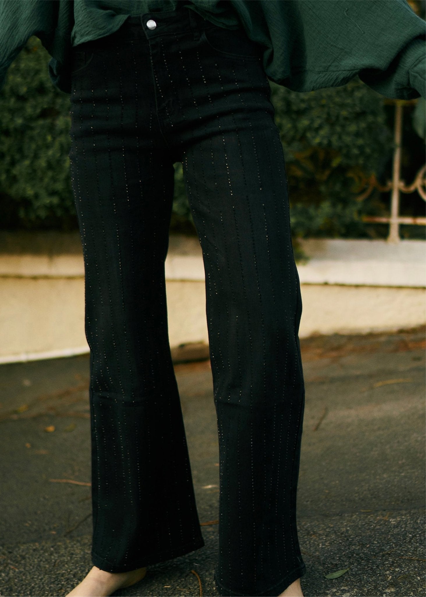 View our Wide Leg Jeans with Diamante Embellishment in Black - The ultimate BOTTOMS created by TRIBUTE and sold here, at Tribute Store