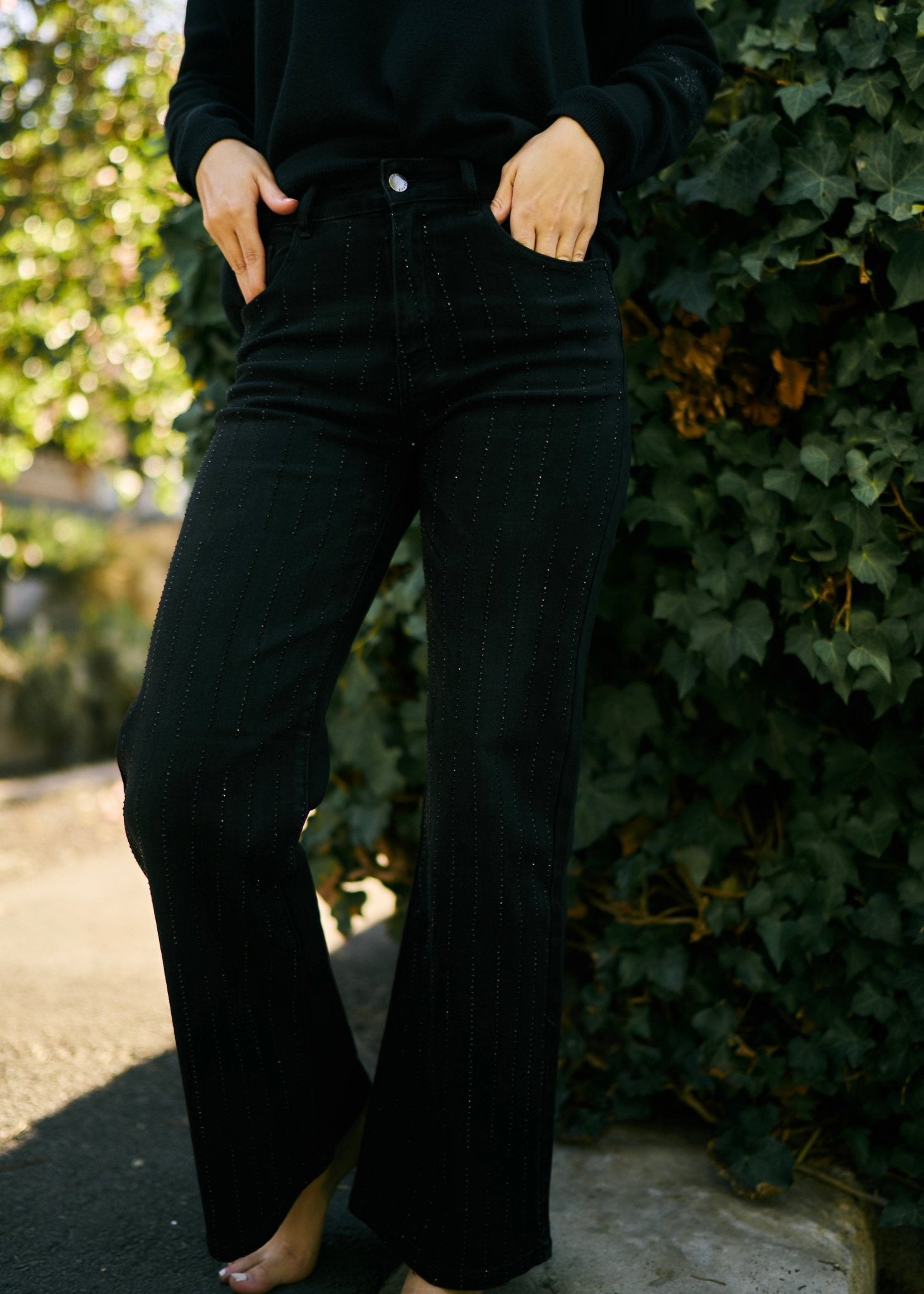 View our Wide Leg Jeans with Diamante Embellishment in Black - The ultimate BOTTOMS created by TRIBUTE and sold here, at Tribute Store