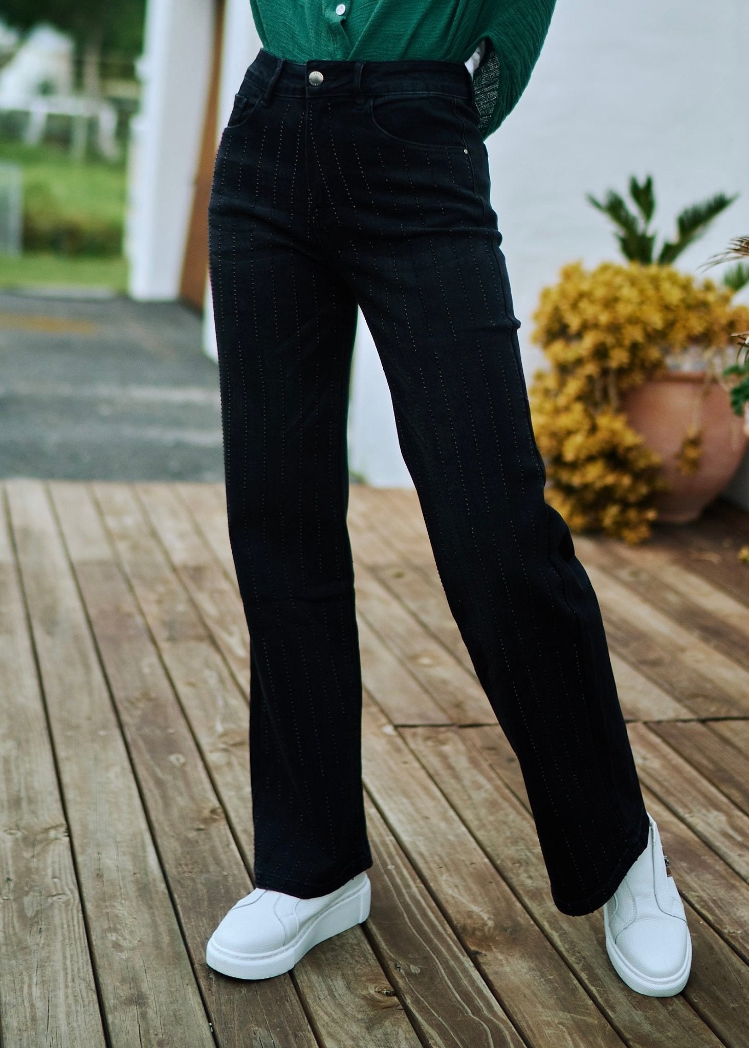 View our Wide Leg Jeans with Diamante Embellishment in Black - The ultimate BOTTOMS created by TRIBUTE and sold here, at Tribute Store
