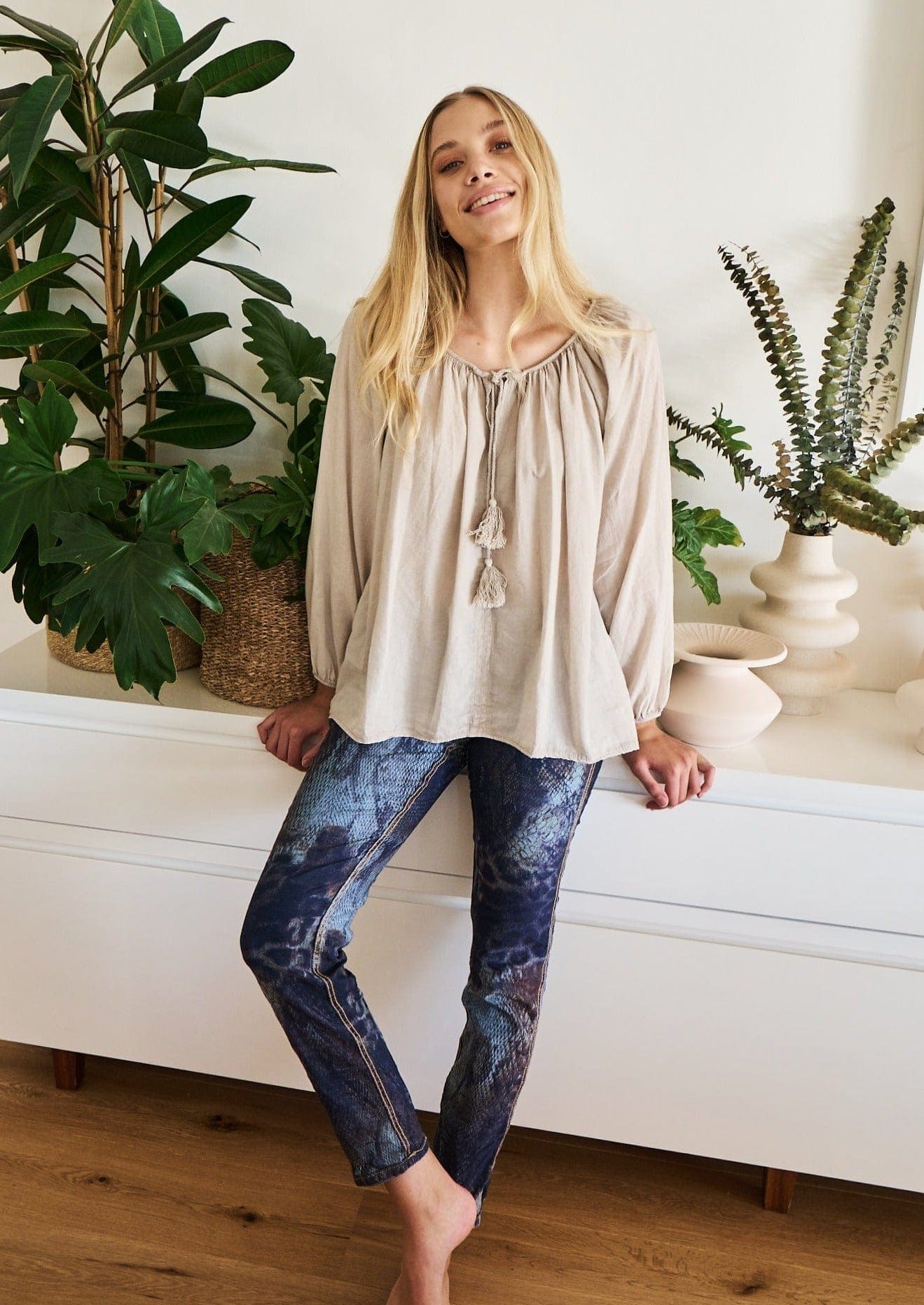 View our Dark Blue Reversible Denim Jeans with Animal Print - The ultimate BOTTOMS created by TRIBUTE and sold here, at Tribute Store