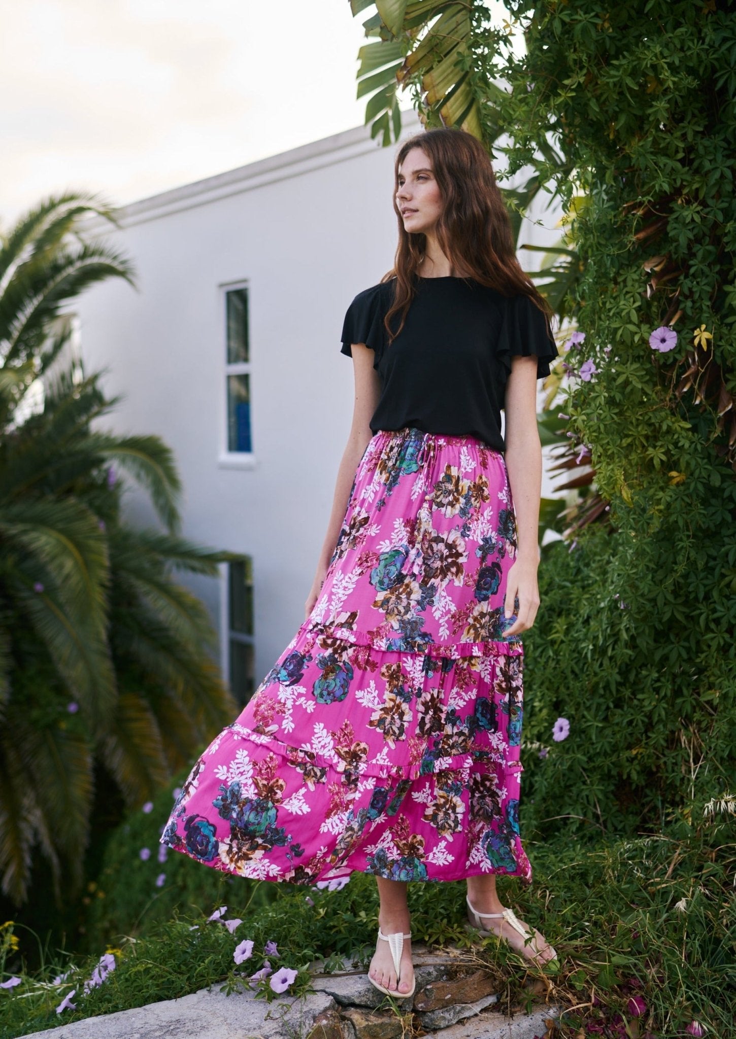 View our Flared Bohemian Tiered Skirt in Hot Pink Floral Print - by Tribute Store