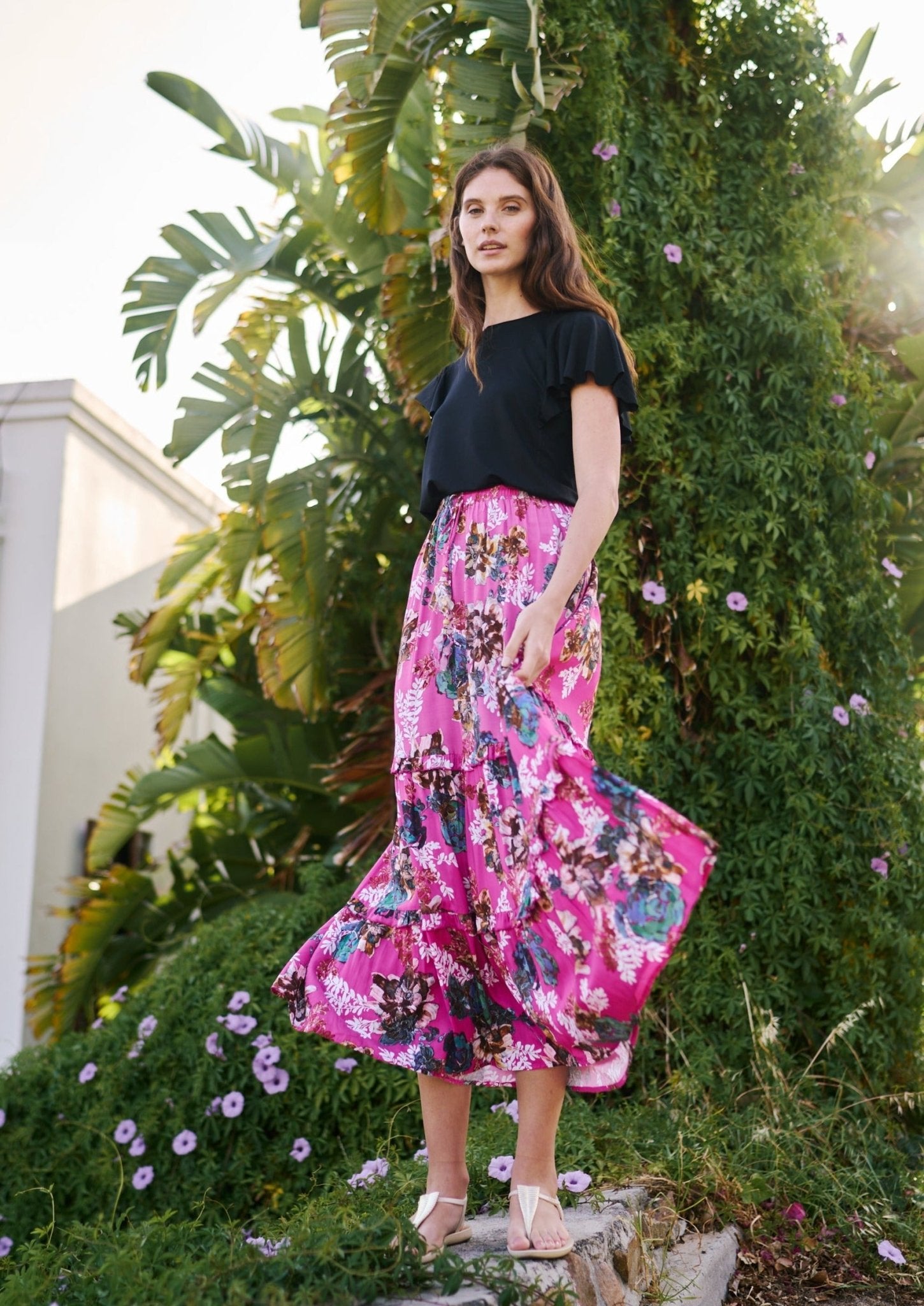 View our Flared Bohemian Tiered Skirt in Hot Pink Floral Print - by Tribute Store