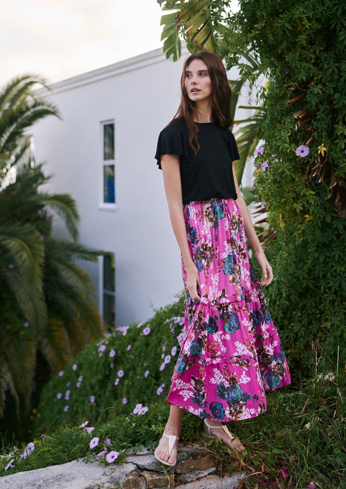 View our Flared Bohemian Tiered Skirt in Hot Pink Floral Print - by Tribute Store