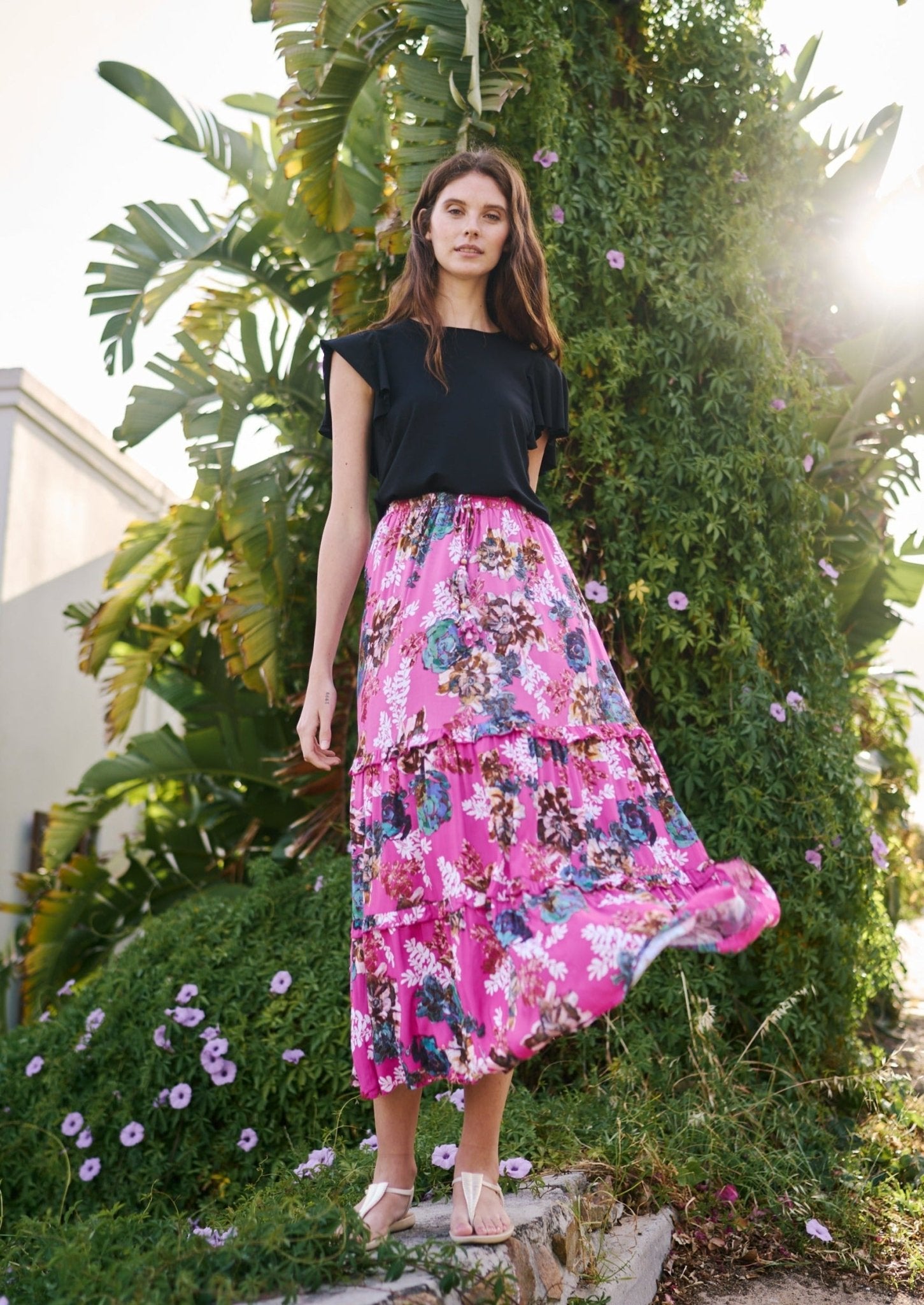 View our Flared Bohemian Tiered Skirt in Hot Pink Floral Print - by Tribute Store