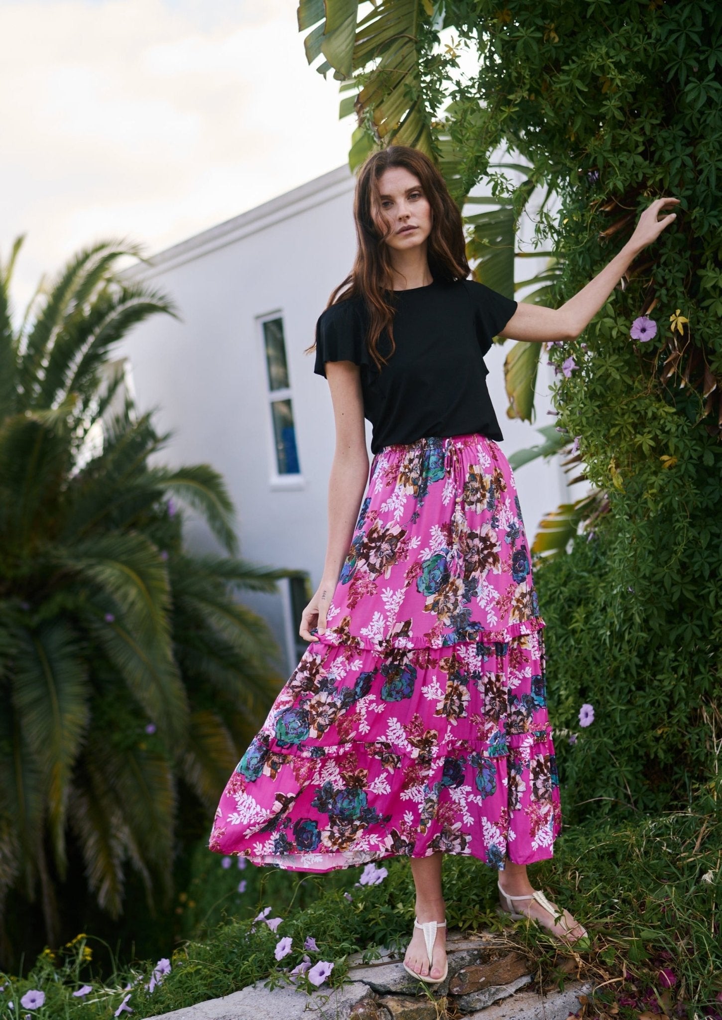 View our Flared Bohemian Tiered Skirt in Hot Pink Floral Print - by Tribute Store