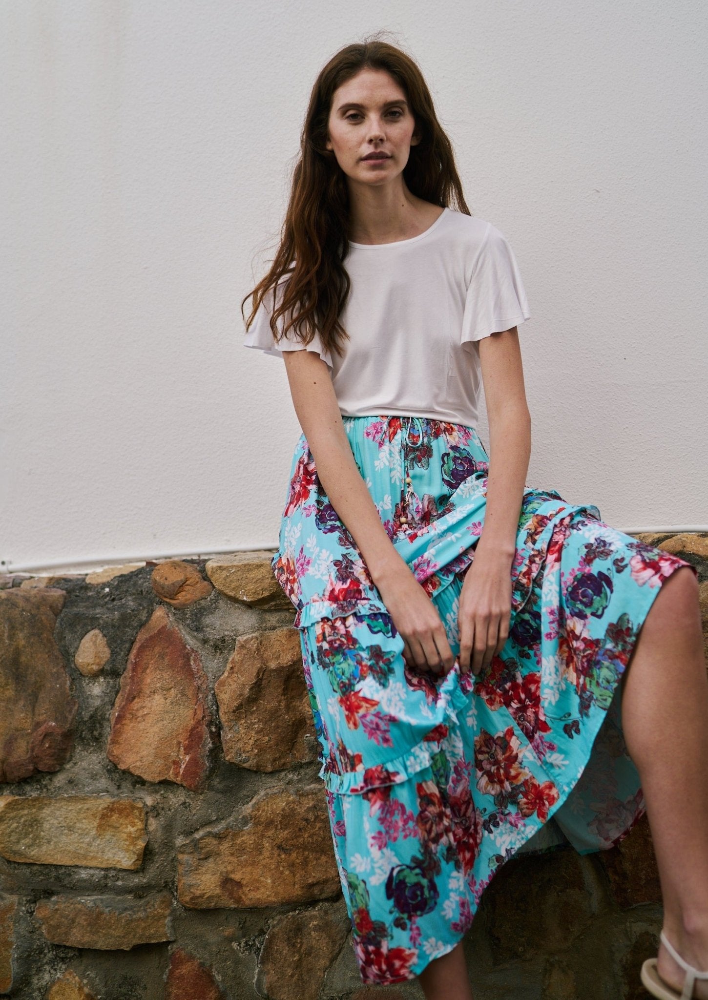 View our Flared Bohemian Tiered Skirt in Turquoise Floral Print - by Tribute Store
