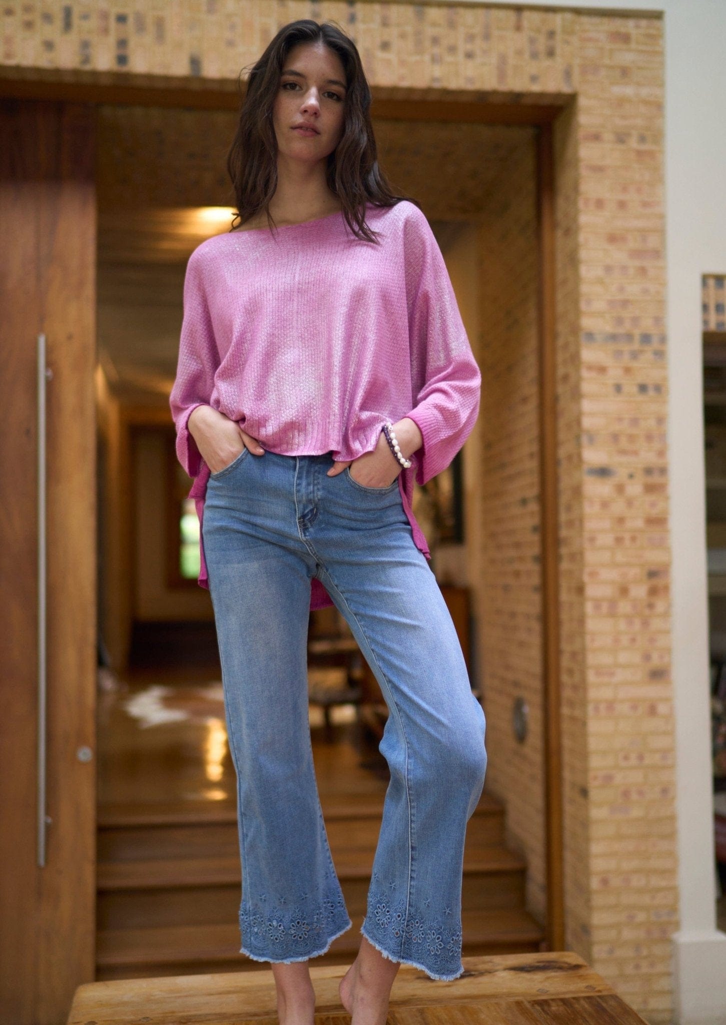 High-Rise Cropped and Flared Blue Jeans with Embroidered Hemline - Tribute StoreTRIBUTE