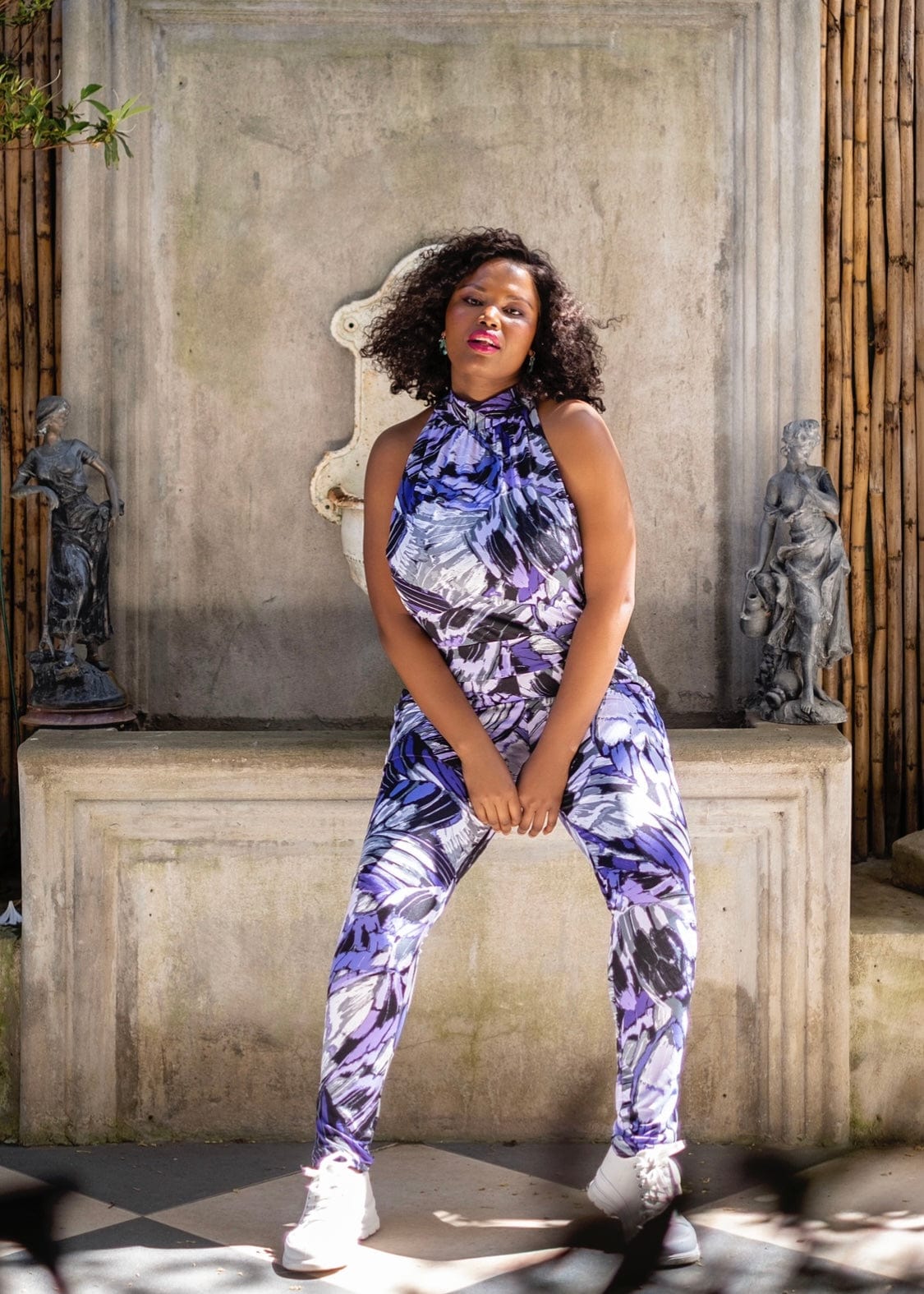 ICONIC JUMPSUITS FREE SIZE Purple Printed Halter Neck Jumpsuit With Narrow Leg