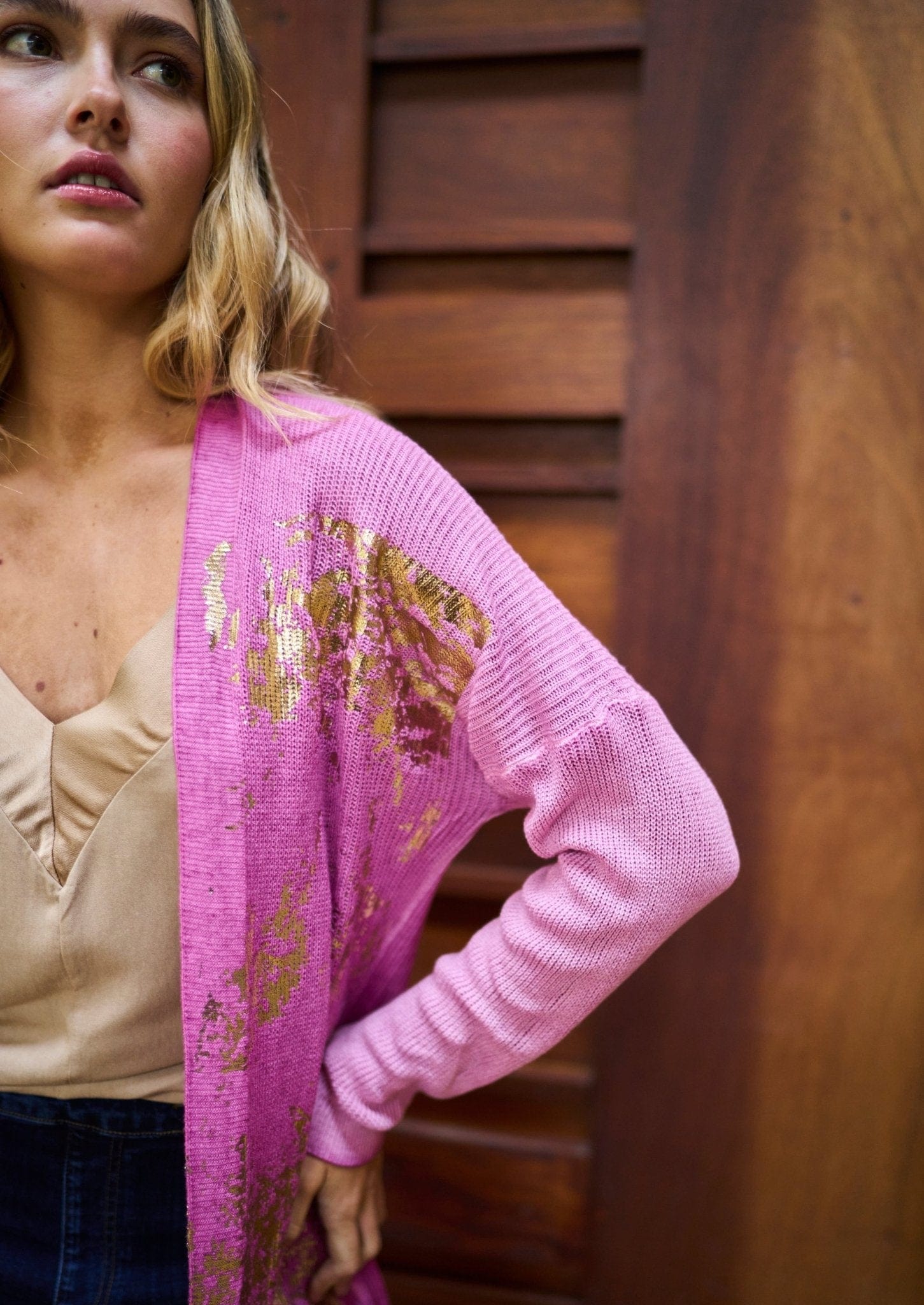 Italian Cardigan With Gold Foil Print in Hot Pink - Tribute StoreTRIBUTE