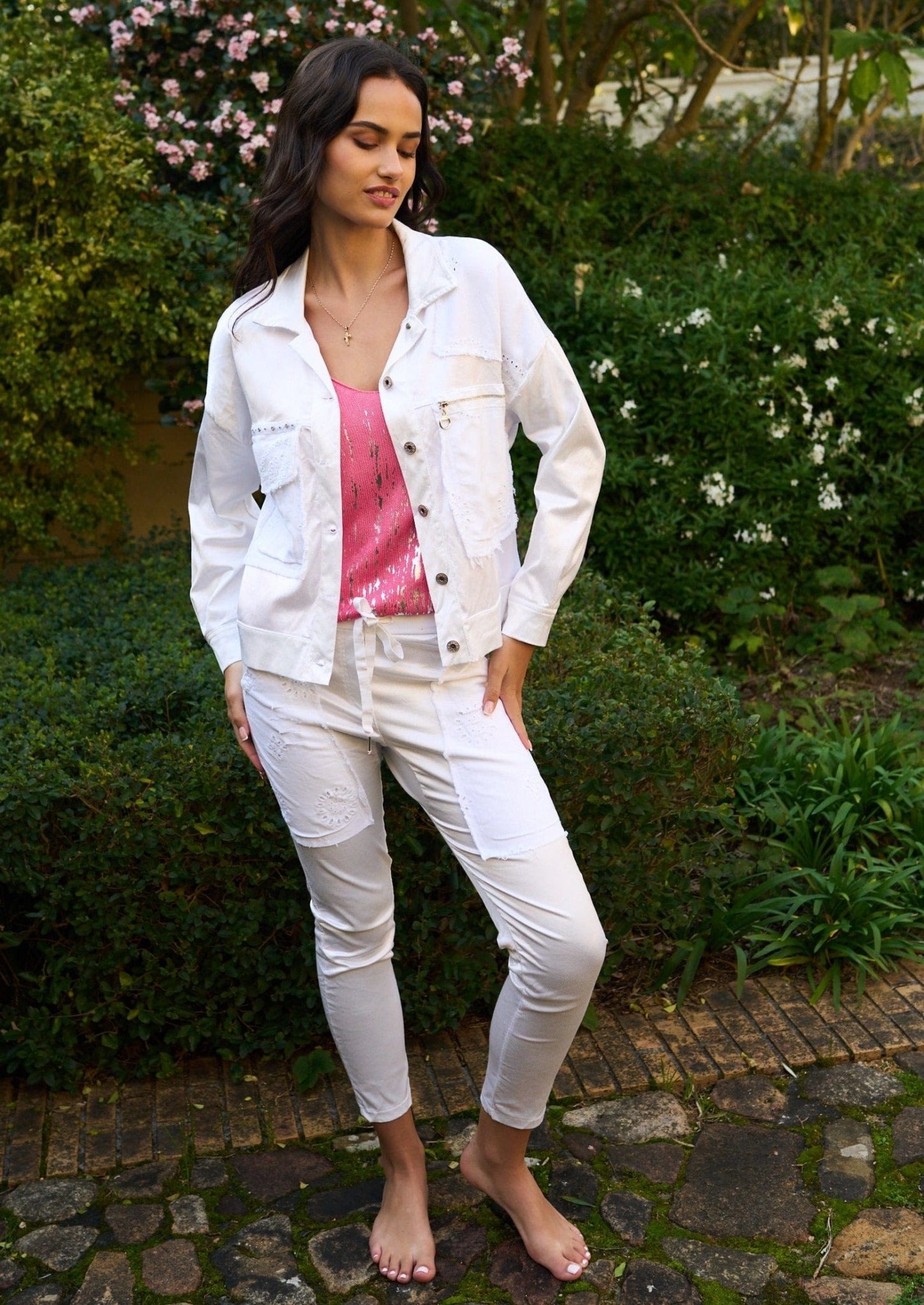 View our Italian Iridescent Cotton Joggers in White - by Tribute Store