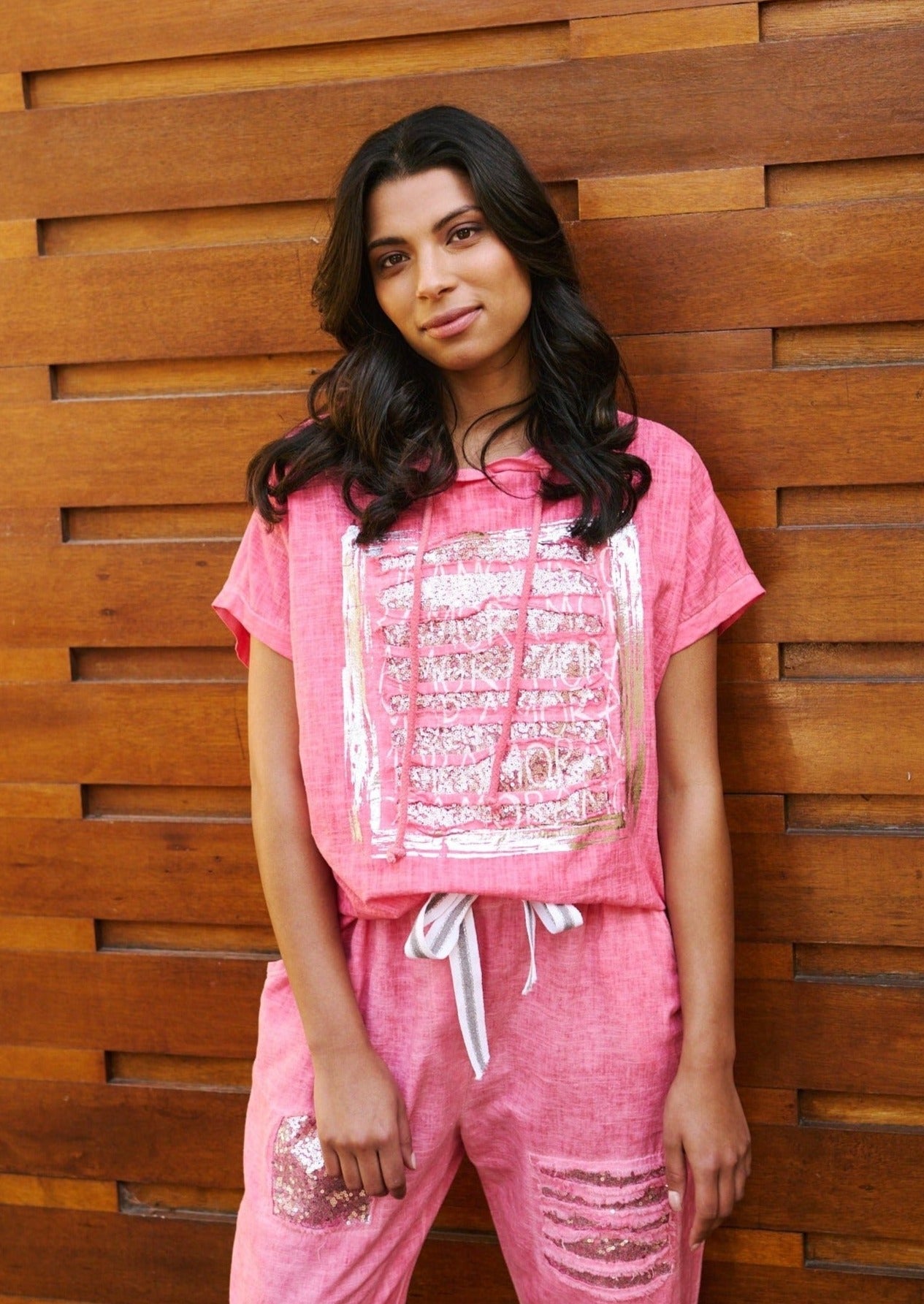 View our Italian Linen Hooded Tee with Foil and Sequins in Watermelon Pink - by Tribute Store