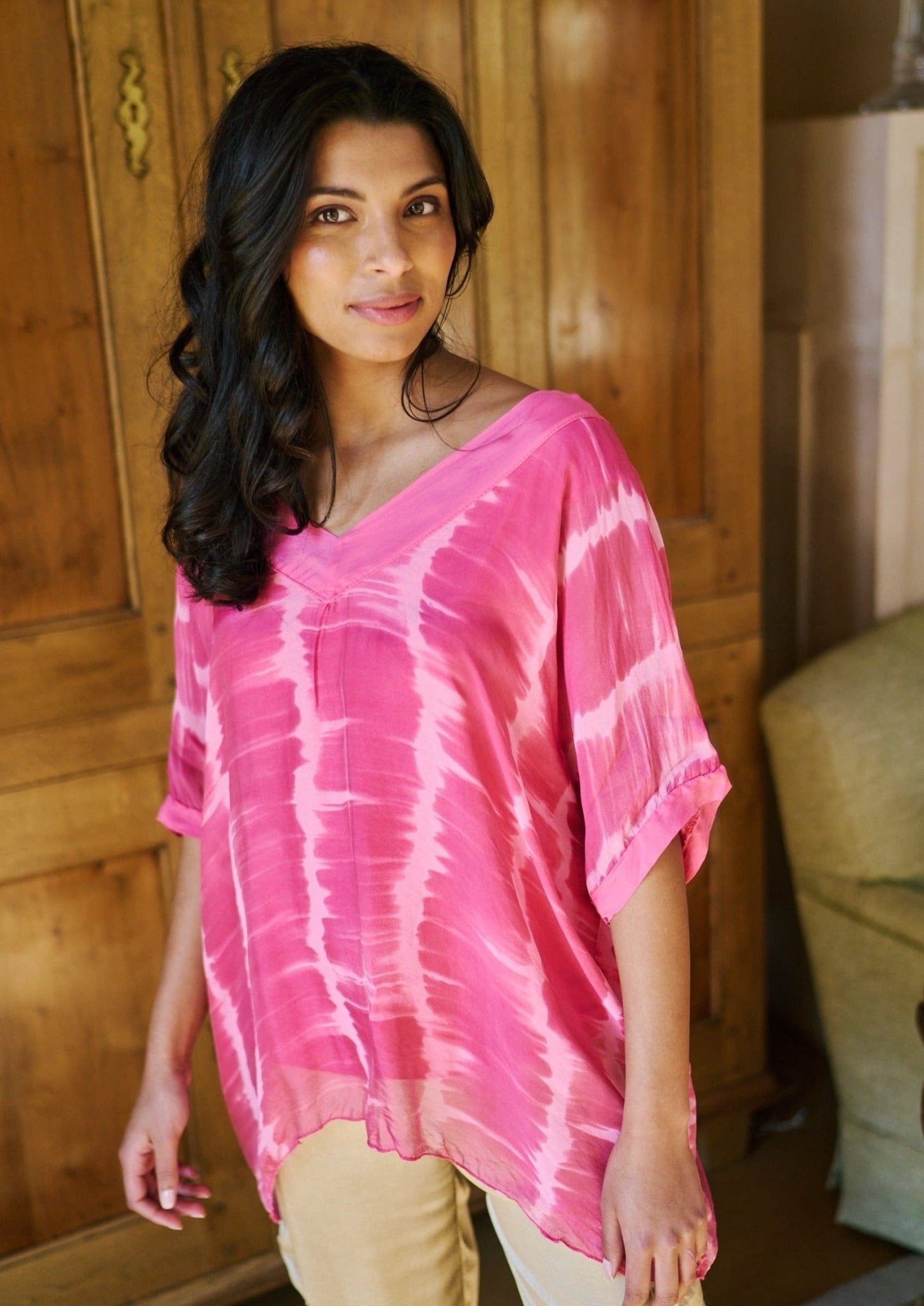 Italian Silk Blouse with Tie Dye Print in Hot Pink - Tribute StoreTRIBUTE