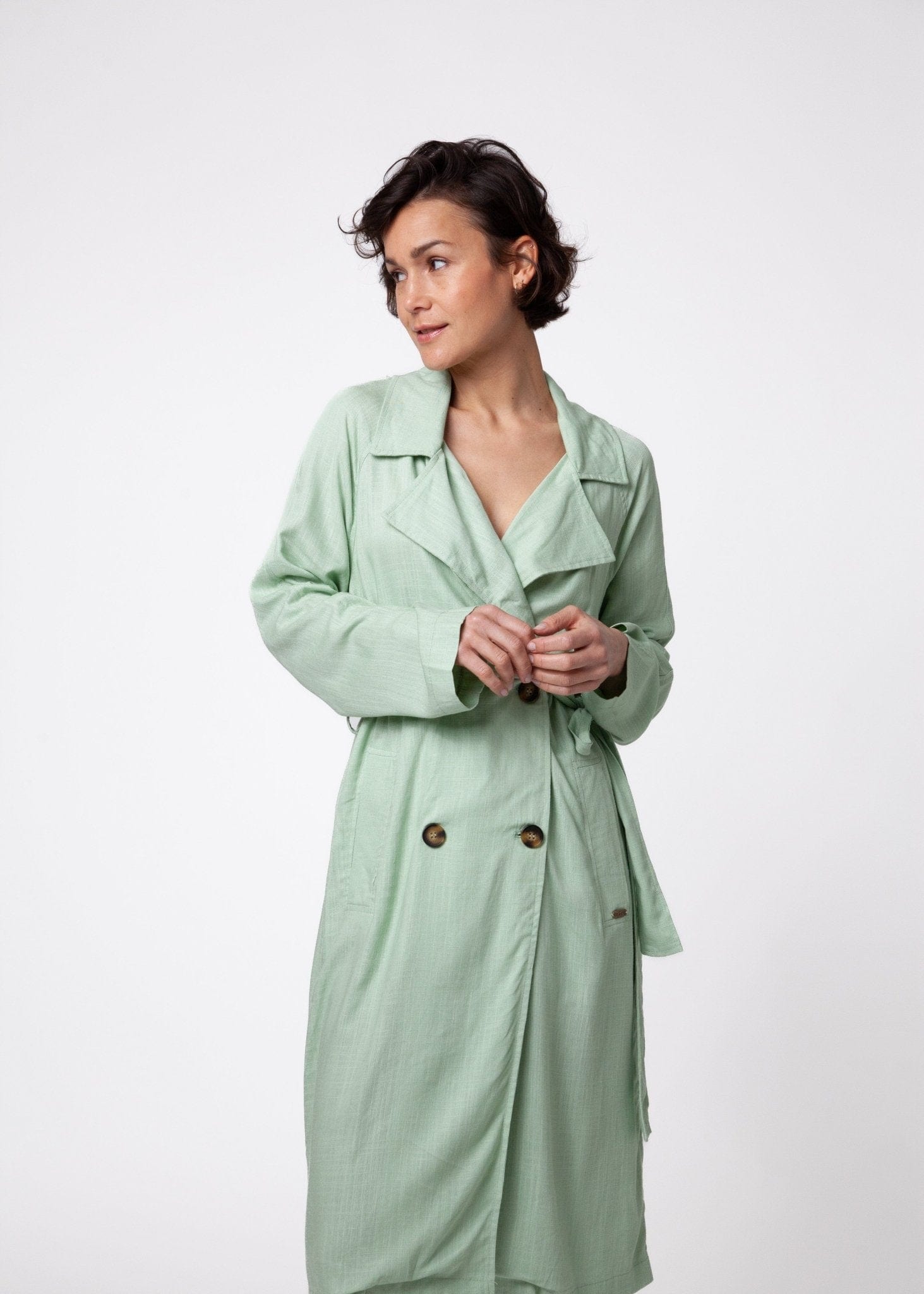 View our Linen Trench Style Jacket in Mint Green - by Tribute Store