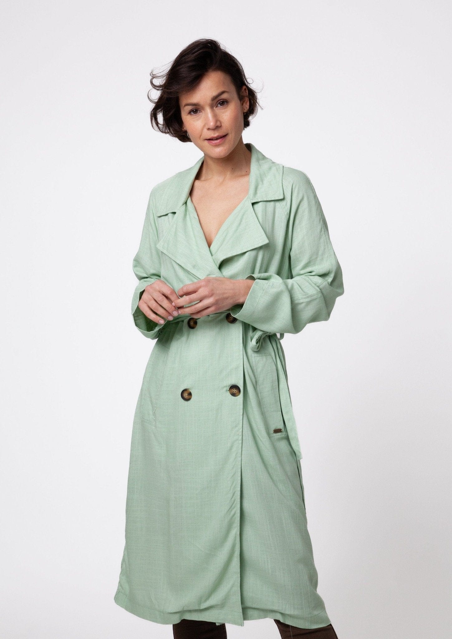 View our Linen Trench Style Jacket in Mint Green - by Tribute Store