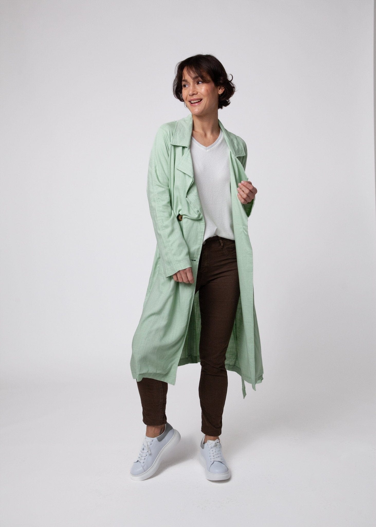 View our Linen Trench Style Jacket in Mint Green - by Tribute Store