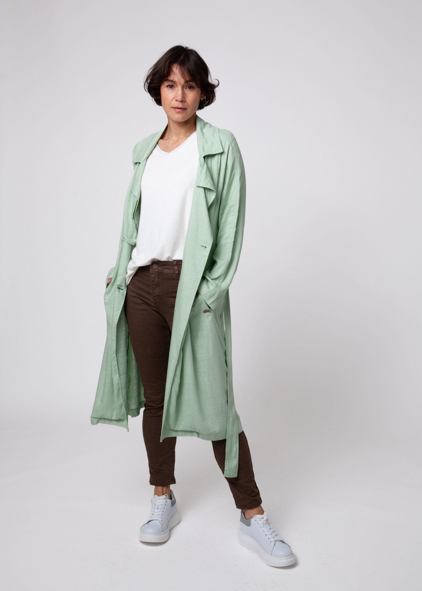 View our Linen Trench Style Jacket in Mint Green - by Tribute Store