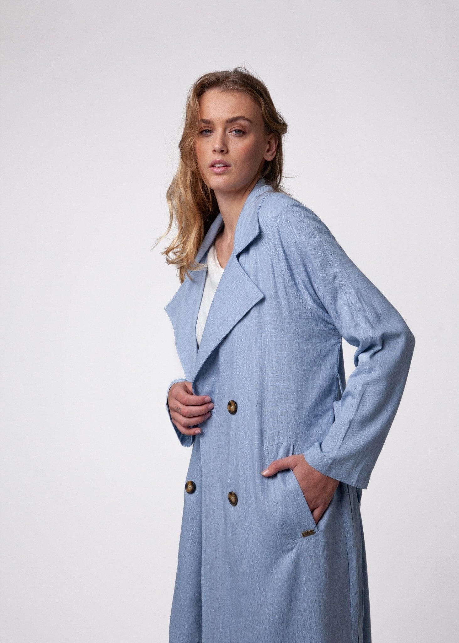Linen Trench Style Jacket in Soft Blue - Tribute StoreTRIBUTE