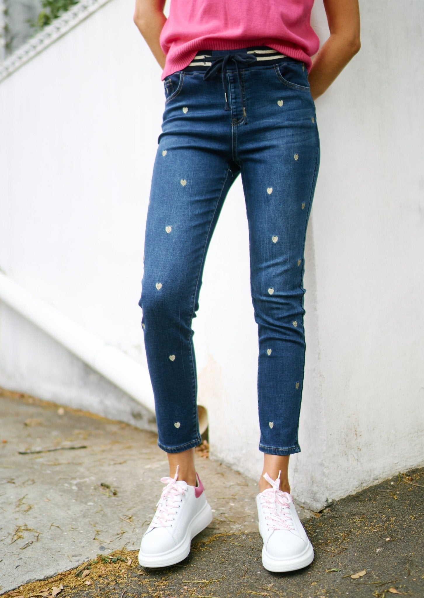 Mid-Rise Cotton Jogger Jeans With Hearts In Blue - Tribute StoreTRIBUTE
