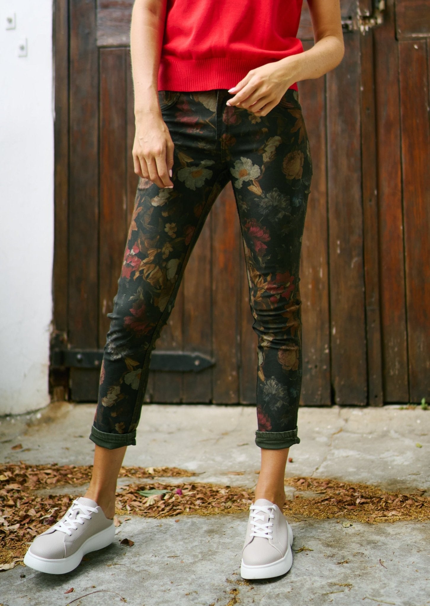 Reversible Jeans With Floral Print In Khaki - Tribute StoreTRIBUTE