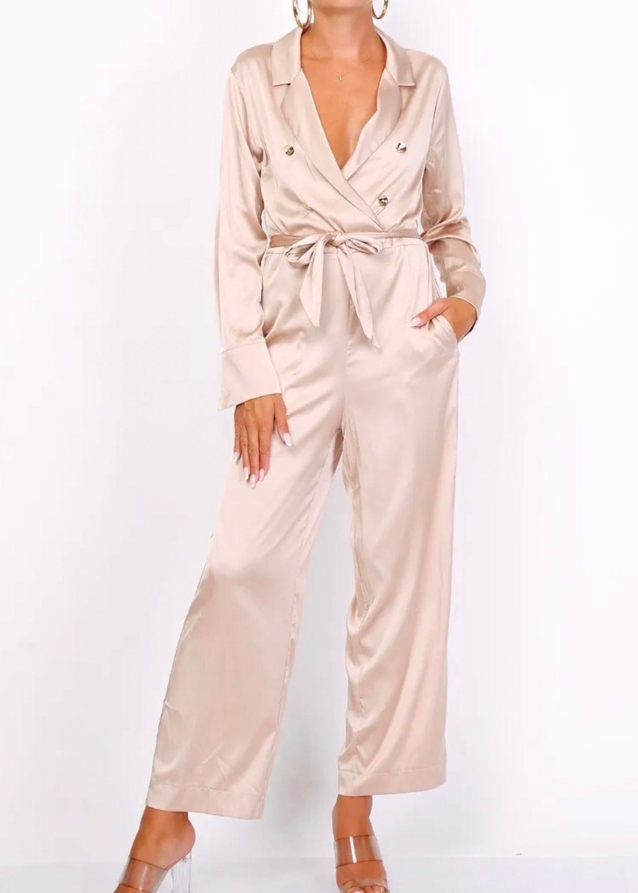 View our Satin Jumpsuit in Beige - by Tribute Store